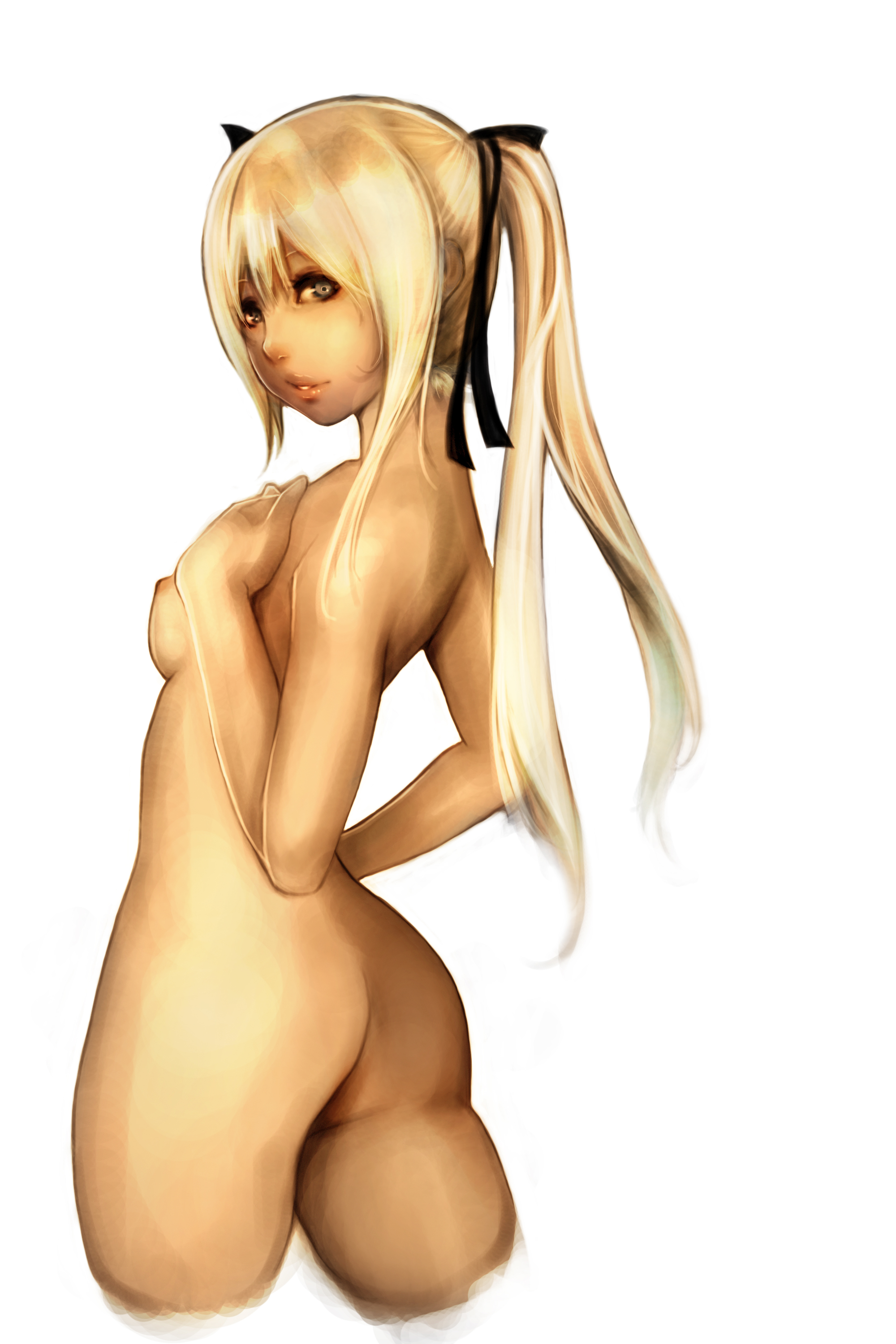 ass, blonde hair, blue eyes, breasts, completely nude, dako, dead or alive, female, female only, human, long hair, marie rose, nipples, nude, sideboob, small breasts, solo, tecmo, tied hair, twintails