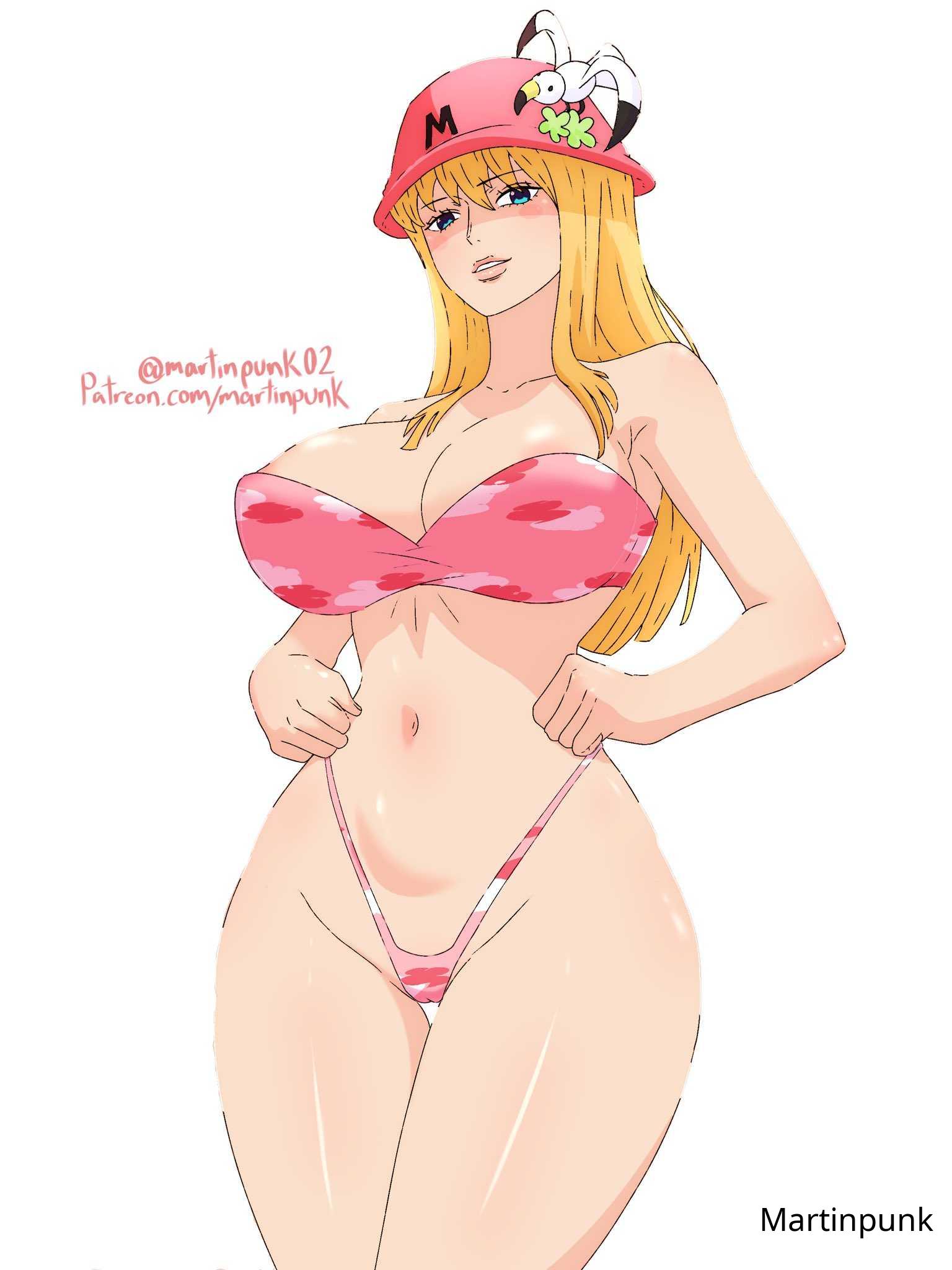 1girls, 2d, 2d (artwork), 2d artwork, adult, adult female, areola slip, areolae, areolae slip, bare armpits, bare arms, bare belly, bare chest, bare hands, bare hips, bare legs, bare midriff, bare navel, bare shoulders, bare skin, bare thighs, belly, belly button, bewitching thighs, big breasts, bikini, bikini bottom, bikini only, bikini top, blonde female, blonde hair, blonde hair female, blonde-haired female, blue eyes, blue-eyed female, breasts, busty, busty female, busty girl, child bearing hips, cleavage, closed mouth smile, collarbone, curvaceous, curvaceous body, curvaceous female, curvaceous figure, curvaceous hips, curvy, curvy body, curvy female, curvy figure, curvy hips, digital, digital art, digital drawing, digital drawing (artwork), digital media, digital media (artwork), elbows, exposed armpits, exposed arms, exposed belly, exposed chest, exposed hips, exposed legs, exposed midriff, exposed navel, exposed shoulders, exposed skin, exposed thighs, eyebrows visible through hair, female, female focus, female only, fertile hips, fingers, groin, hair between eyes, hat, high resolution, highres, hourglass figure, inguinal crease, inguinal ligament, kujaku (one piece), large boobs, large breasts, lean figure, light smile, long hair, looking at viewer, looking down, looking down at viewer, marine (one piece), martinpunk, mature, mature female, midriff, narrow waist, navel, nipple bulge, one piece, pink bikini, pink bikini bottom, pink bikini top, pink swimsuit, pink swimwear, post-timeskip, shoulders, simple background, slender body, slender waist, slim waist, smile, smiley face, smiling, smiling at viewer, solo, standing, string bikini, swimsuit, swimwear, thick thighs, thigh gap, thighs, thong, upper body, white background, wide hips