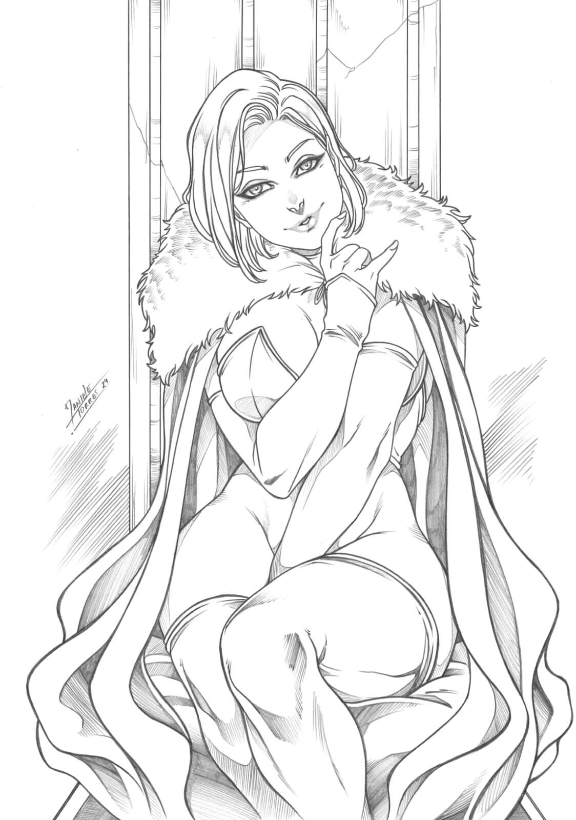 black_and_white bottomless bottomless_female covering_pussy daniele_torres ed_benes_studio emma_frost hellfire_club marvel marvel_comics no_panties traditional_art traditional_media_(artwork) white_queen x-men