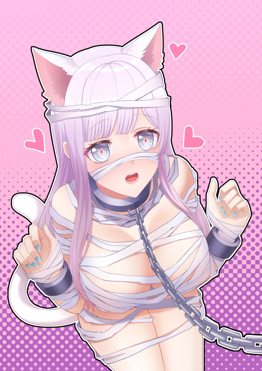 bandages big_breasts blush cat_ears cat_tail catgirl chain_leash collar d4dj heart heart-shaped_pupils izumo_saki kougami nude pussy thick_thighs