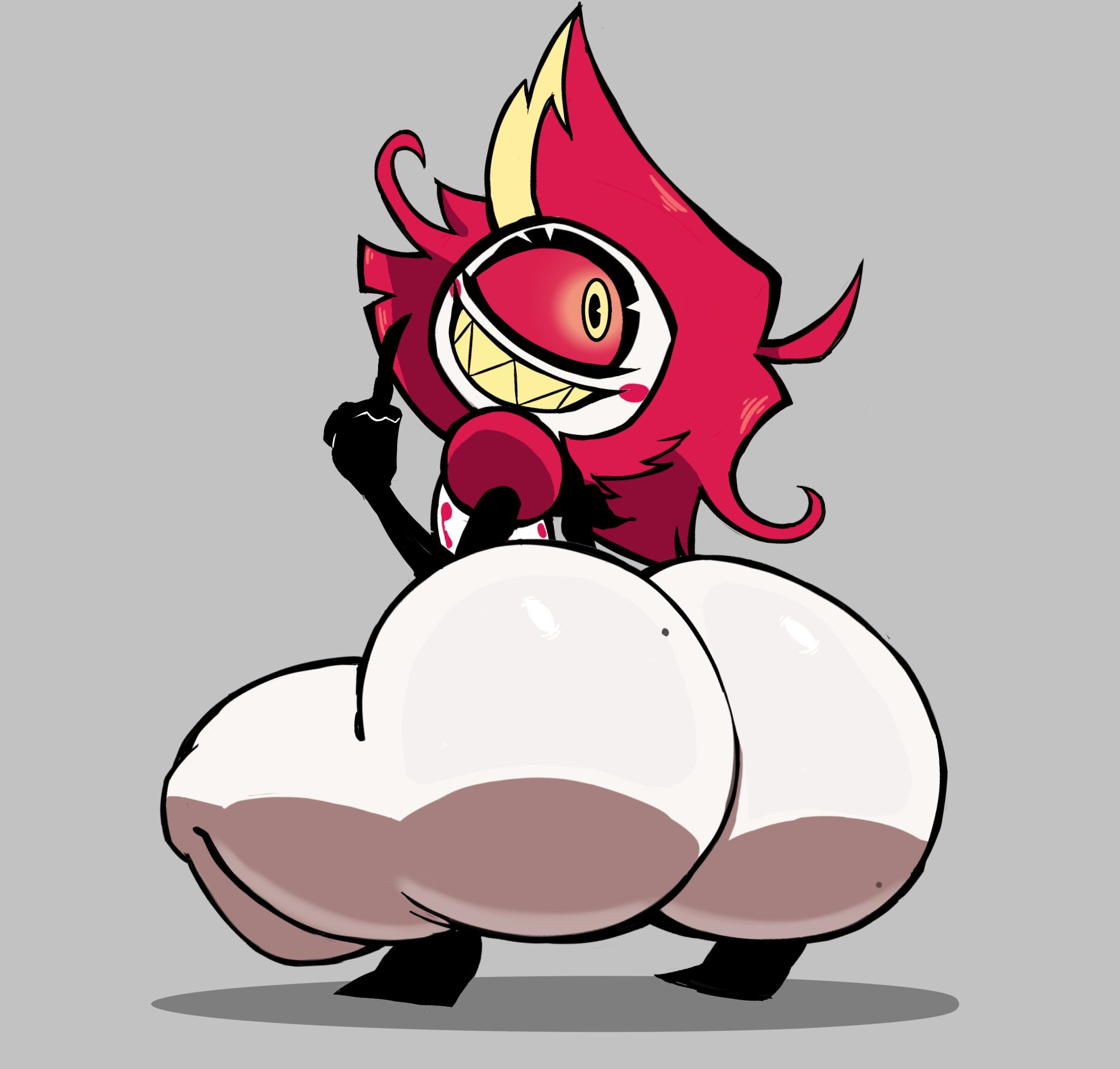 beauty mark, beauty mark on ass, cyclops, diivox, fat ass, female, female only, gloves, grey background, grin, hazbin hotel, huge ass, looking back, niffty, red hair, sharp teeth, short hair, squatting, thick thighs, yellow eyes