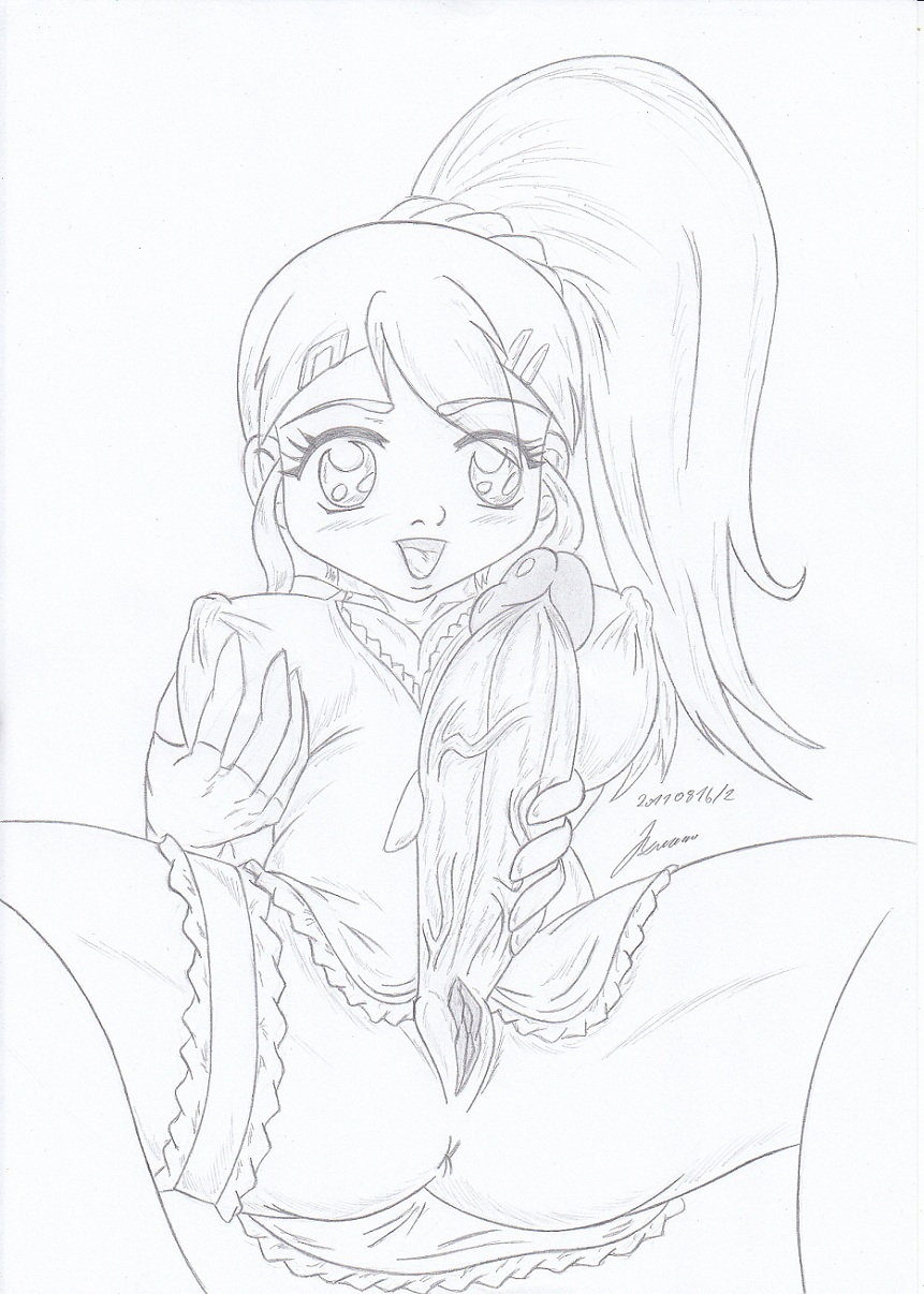 2011 arm_gloves bakugan_battle_brawlers breasts dated futa_only futanari gloves intersex julie_makimoto large_breasts long_hair moaja monochrome open_mouth ponytail simple_background solo standing traditional_media white_background