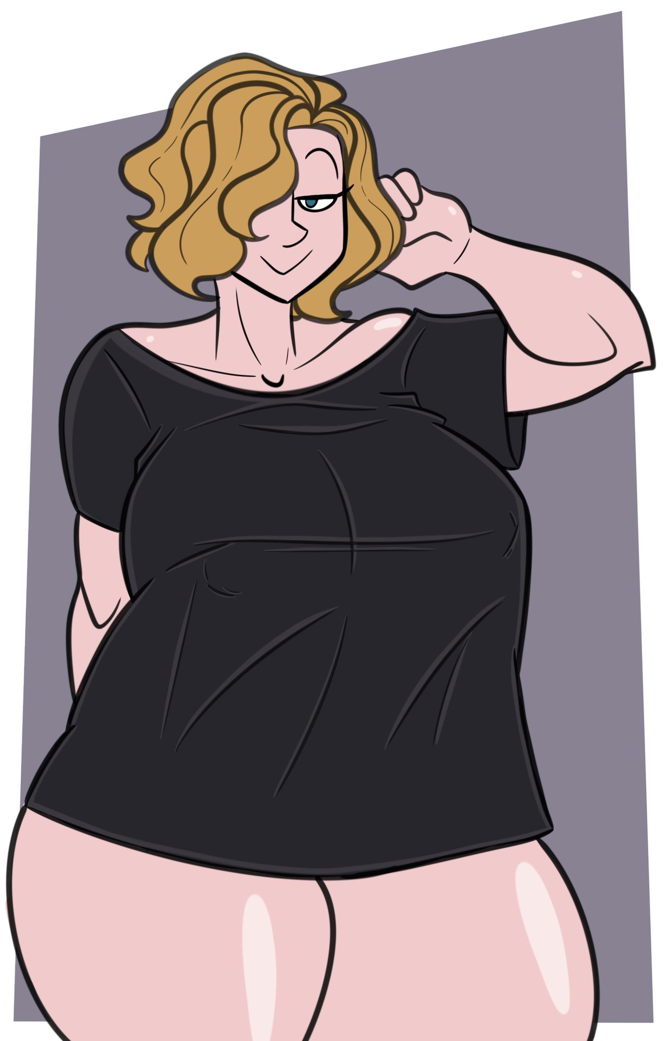 1girls, 2d, 2d (artwork), big breasts, black clothing, blonde hair, blue eyes, casual, coastline chronicles, curvaceous, curvy figure, dnz artz, dwproductions01, female, female focus, female only, hand behind back, neck length hair, original, original character, paula (d & w prod.), paula humphry (wappah), shirt, shirt only, short hair, solo, t-shirt, thick thighs, wappah, wide hips