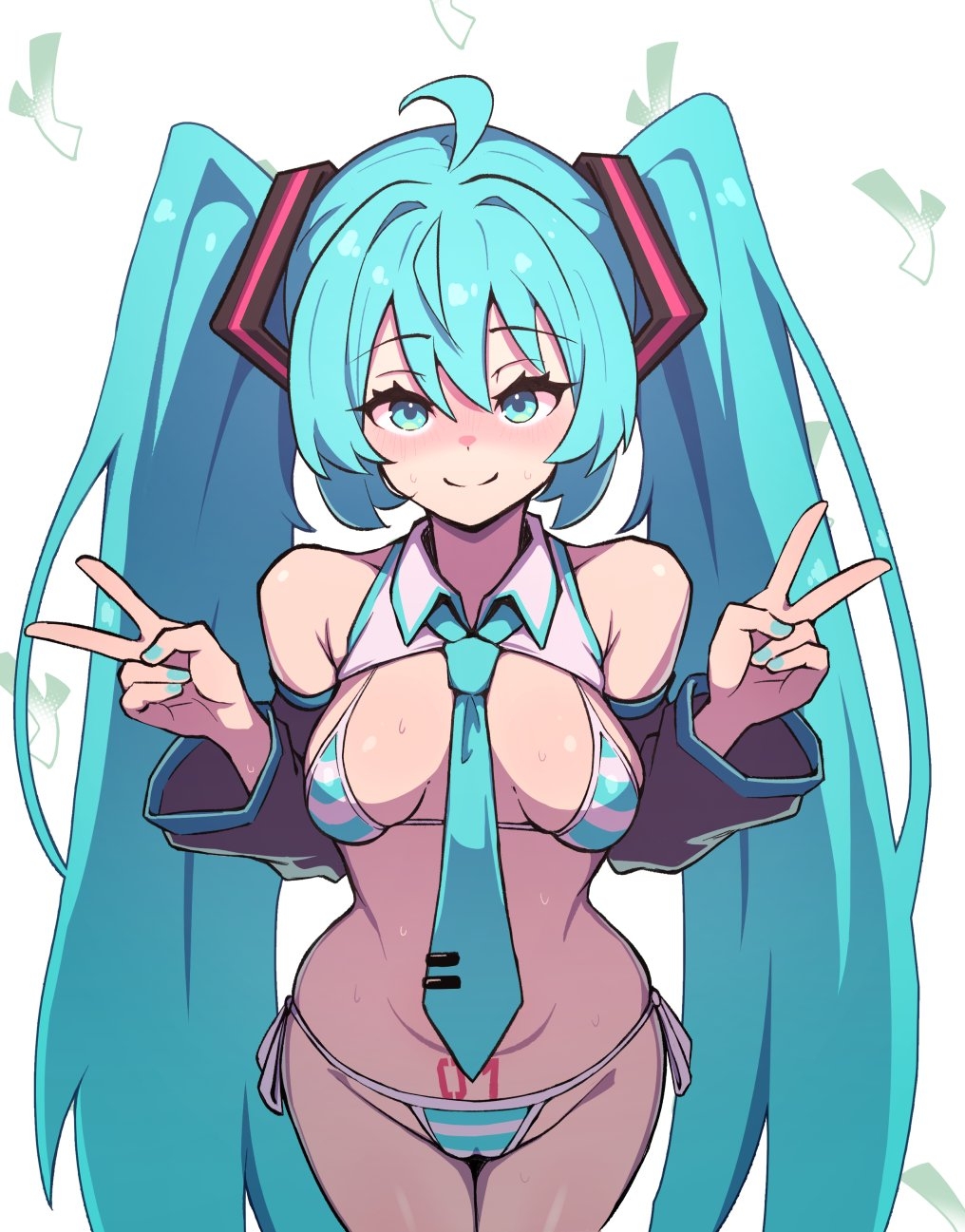 1girl, 1girls, ahoge, aqua eyes, aqua hair, aqua nails, armwear, bangs, bare shoulders, bebatch, bikini, black armwear, blue eyes, blue hair, blue nails, blush, breasts, cameltoe, closed mouth, detached sleeves, double v, female, food, hands up, hatsune miku, hatsune miku (collared bikini), leek, light skin, light-skinned female, long hair, looking at viewer, medium breasts, micro bikini, nail polish, navel, necktie, number tattoo, partially clothed, peace sign, pubic tattoo, shirt, side-tie bikini bottom, smile, solo, solo female, striped, striped bikini, sweat, swimsuit, tattoo, twintails, v, very long hair, vocaloid