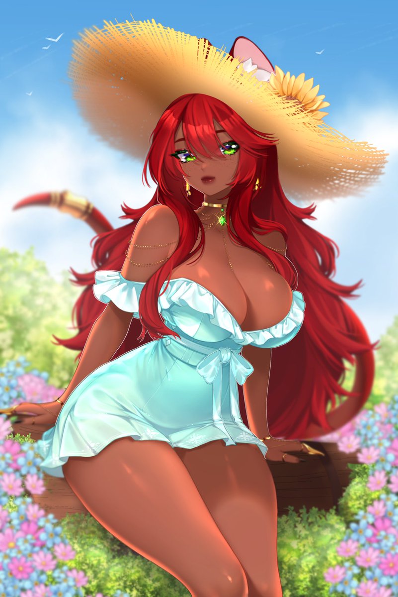 1girls, aliciaxlife, big breasts, breasts, cleavage, curvy, dark skin, dark-skinned female, female, flower, green eyes, hat, indie virtual youtuber, jewelry, long hair, rat ears, rat girl, rat tail, red hair, solo female, straw hat, thick thighs, virtual youtuber