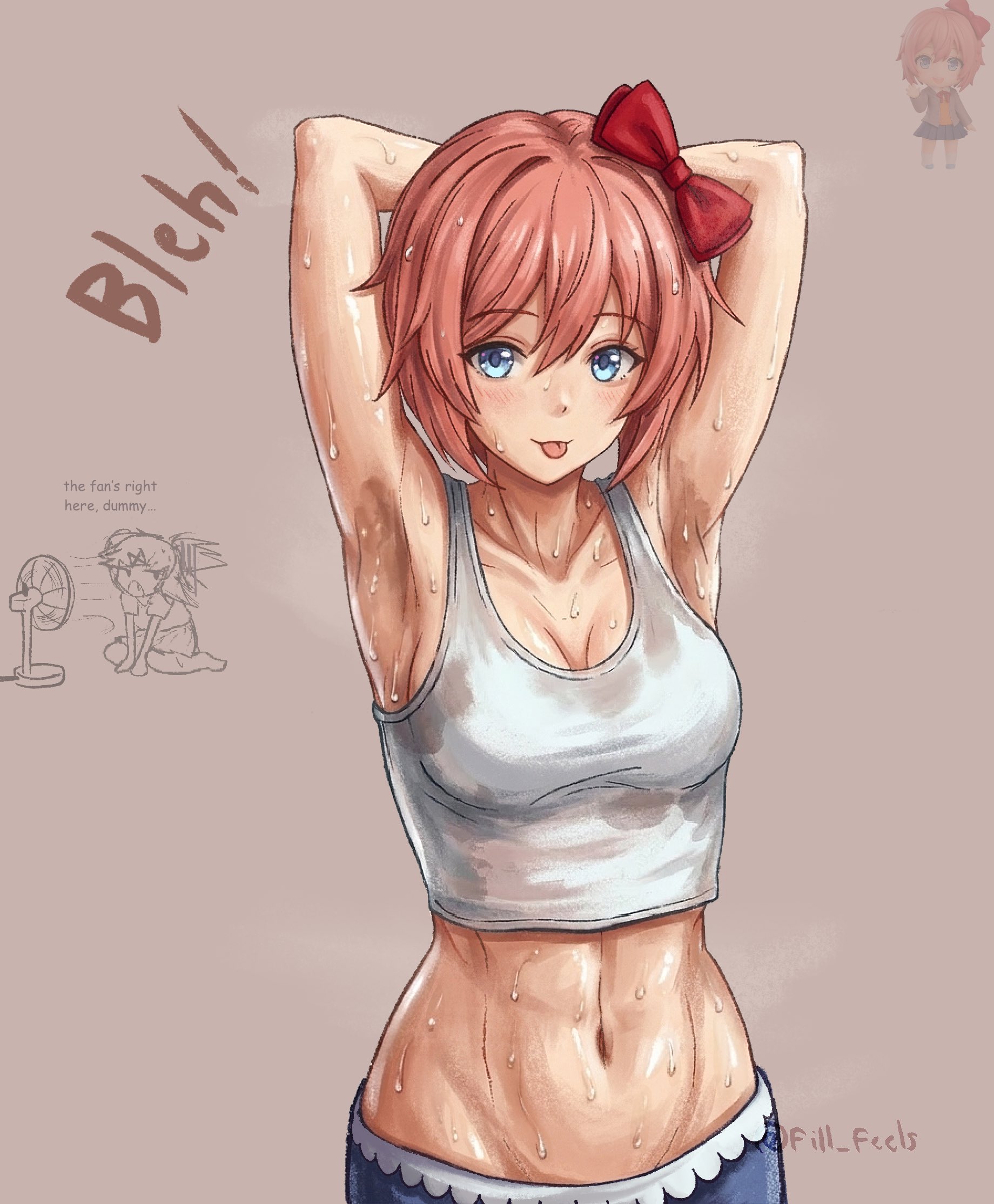 1girls, abdomen, armpit, armpit fetish, armpit sweat, armpits, armpits fetish, arms up, belly, belly button, blue eyes, coral pink hair, cute face, doki doki literature club, female, female only, fill feels, flat stomach, light skin, light-skinned female, midriff, natsuki (doki doki literature club), precious, sayori (doki doki literature club), sweating, sweaty, sweaty armpits, sweaty body, tagme, tank top, tongue out