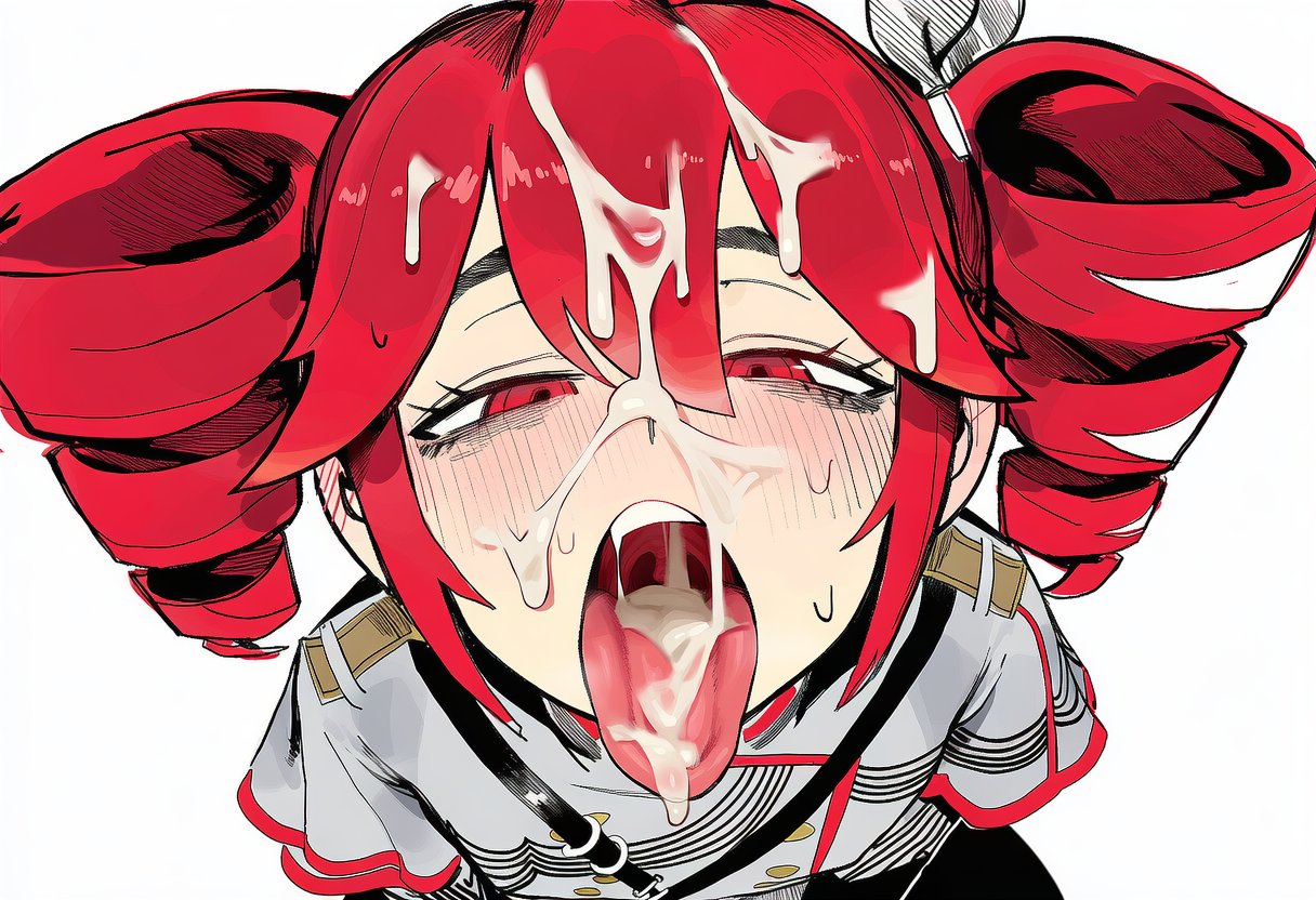 1girls, 2d, after fellatio, ai generated, blush, cum, cum drip, cum in mouth, cum on face, cum on hair, cum on tongue, cumdrip, drill hair, facial, female, female only, grey jacket, half-closed eyes, kasane teto, looking at viewer, open mouth, presenting tongue, red eyes, red hair, shoulder boards, simple background, sloppingslurpie, solo, solo female, synthesizer v, tongue, tongue out, twin drills, uniform, utau, uvula, white background, white bow