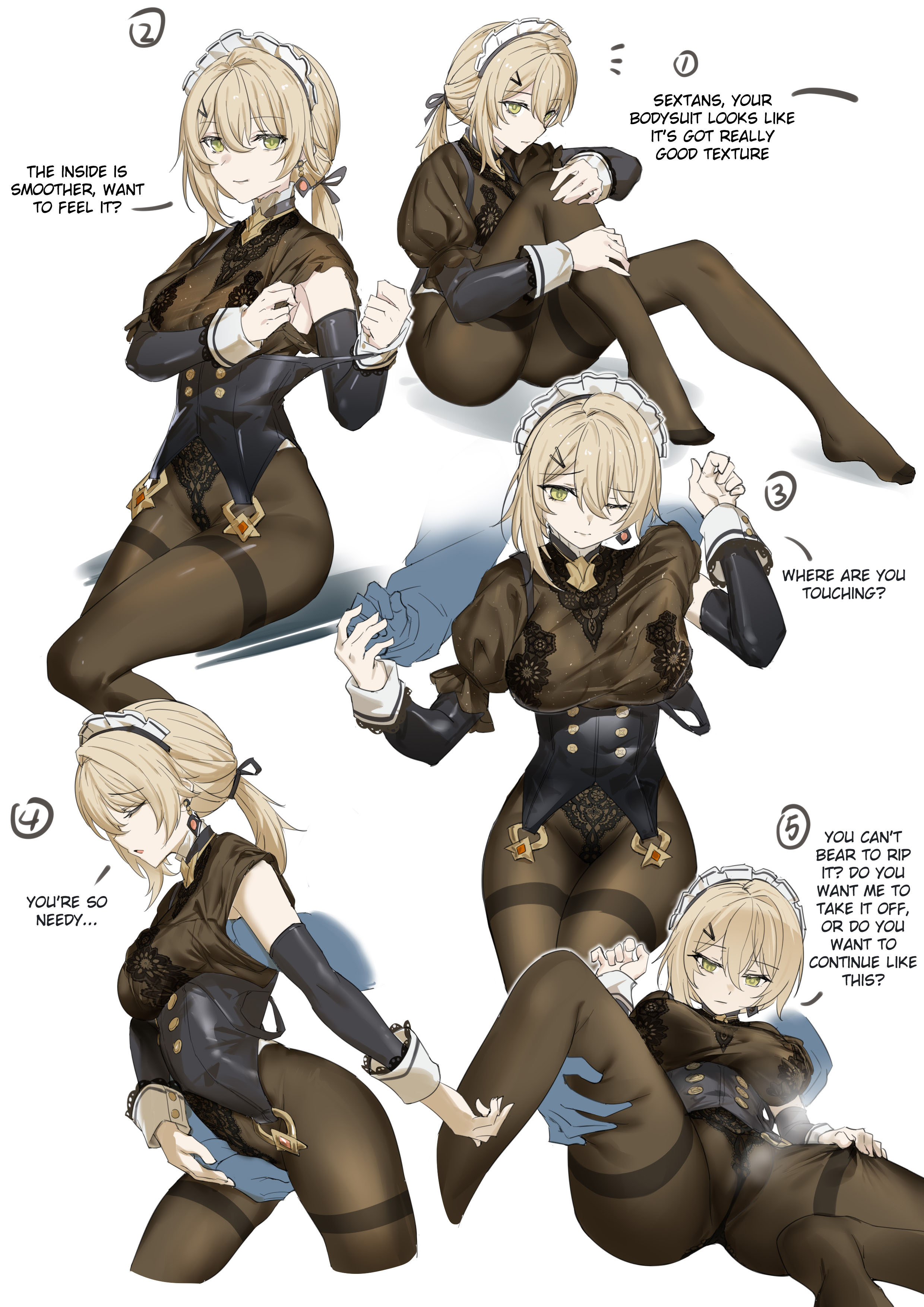 1girls, 1other, 463 jun, big breasts, blonde hair, bodysuit, breast grab, breasts, closed mouth, clothing, english text, feet out of frame, female, girls' frontline, girls' frontline 2: exilium, grabbing, grabbing from behind, green eyes, groin, groping, groping breasts, groping crotch, groping from behind, groping under clothes, hair ribbon, hand under clothes, large breasts, leg grab, legs apart, legs spread, long hair, looking at viewer, maid headdress, multiple angles, sextans (girls' frontline 2), sextans (nocte bewitchment) (girls' frontline 2), sitting, spread legs, steam, steaming body, text, tight clothing, translated, underboob, vest