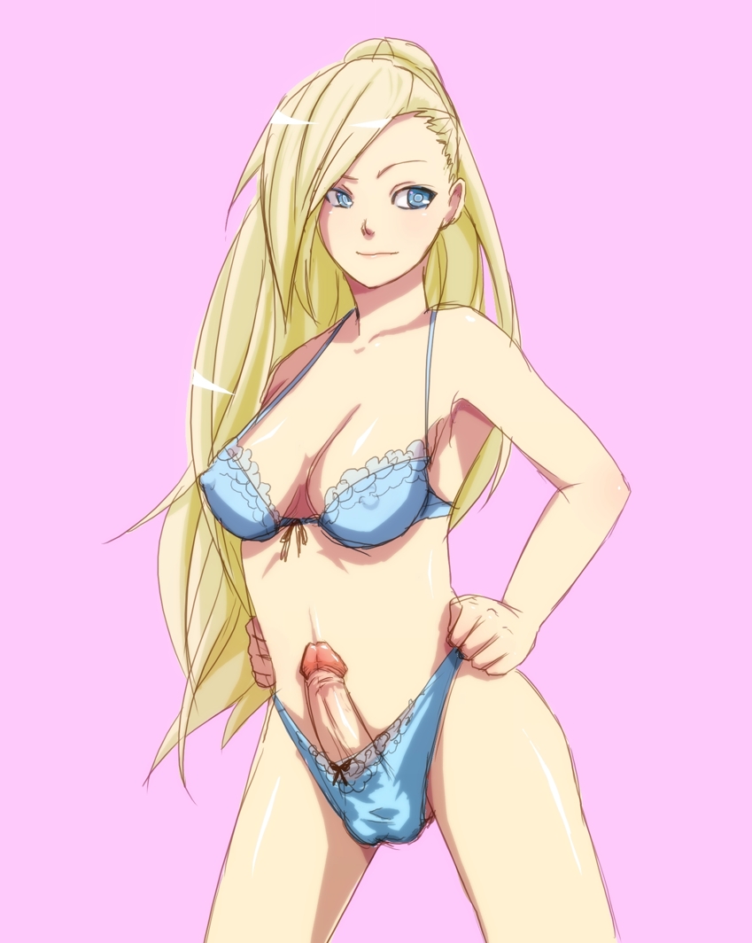 balls, balls in panties, bikini, blonde hair, blue bra, blue eyes, blue panties, breasts, erection, futanari, hands on hips, human, ino yamanaka, intersex, long hair, naruto, naruto (series), solo futa