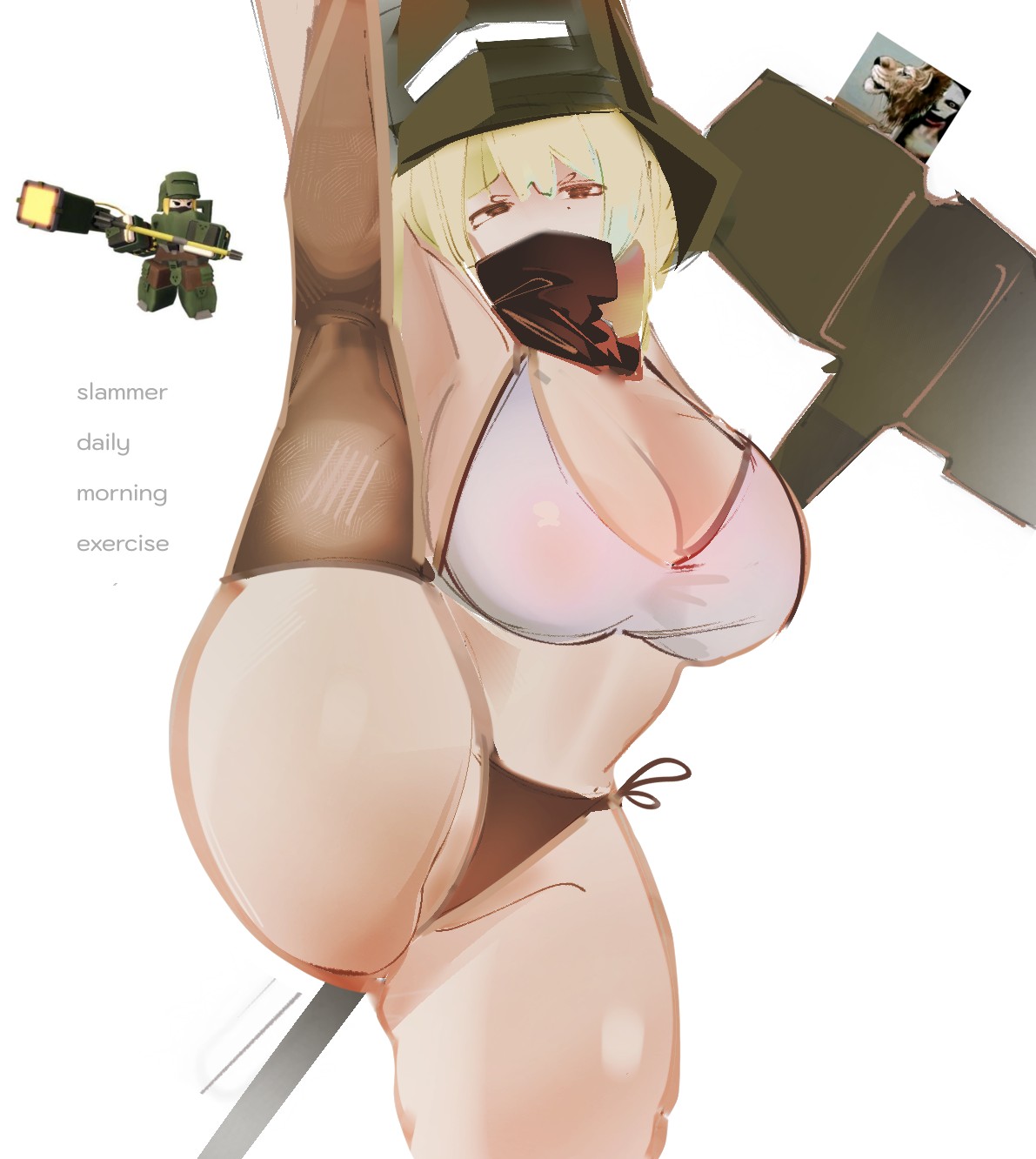 1girls, big breasts, blonde hair, breasts, cleavage, clothing, helmet, helmet with visor, masked, meme in the background, one leg up, panties, reference image, roblox, roblox game, robloxian, self upload, slammer (tdx), sledgehammer, standing, standing on one leg, stomach, stretching, tagme, thick ass, thick thighs, thighs, tower defense x, underwear, unknownarter, yellow hair