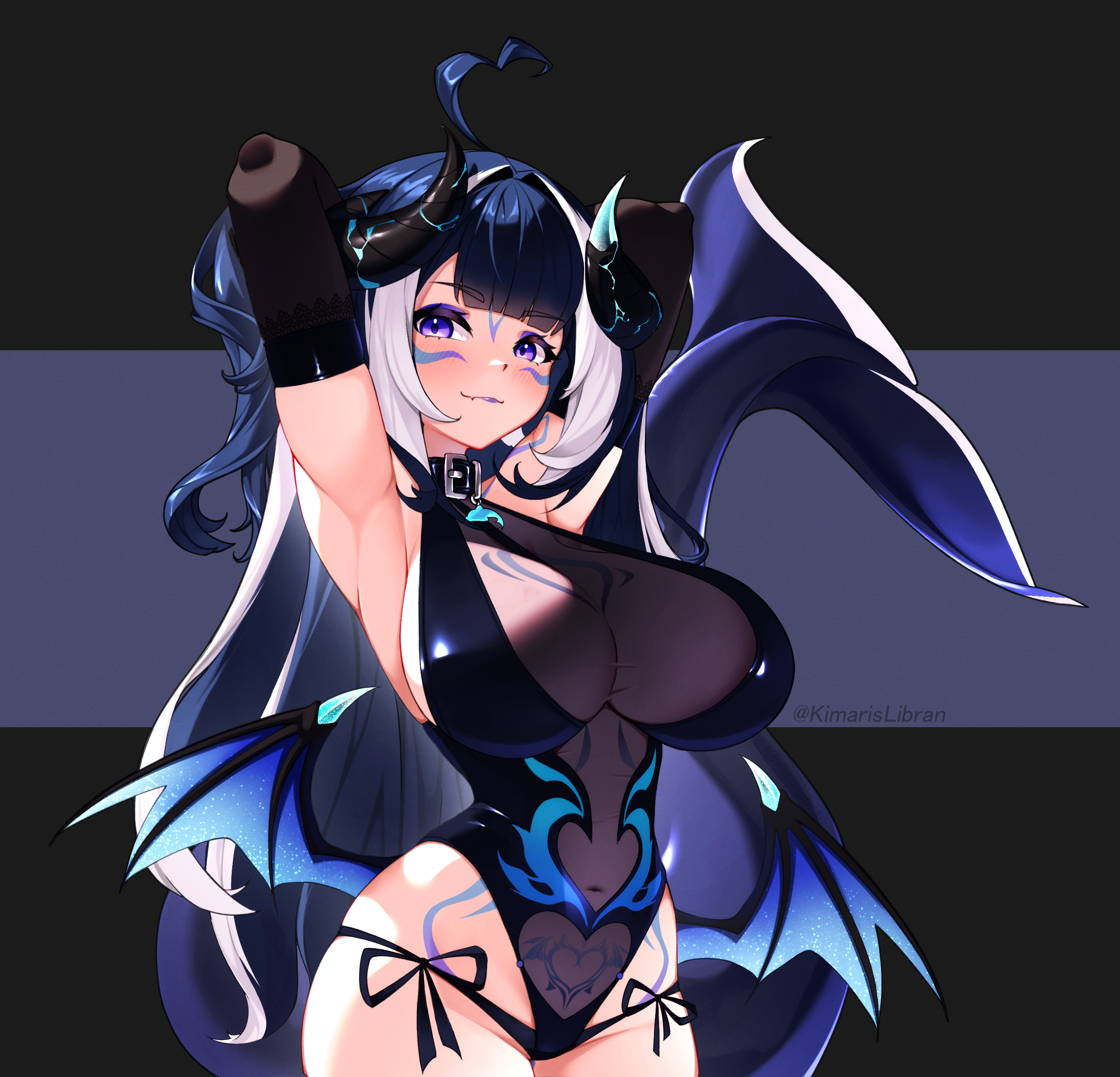 1girls, absurdres, ahoge, belt collar, big breasts, black gloves, black leotard, body markings, breasts, breedable hips, cetacean tail, collar, curvy, demon horns, elbow gloves, facial mark, female, fins, fish tail, gloves, heart, heart ahoge, highres, hips, horns, indie virtual youtuber, kimarislibran, large breasts, leotard, long hair, looking at viewer, low wings, massive breasts, multicolored hair, navel, orca girl, pubic tattoo, purple eyes, see-through cleavage, see-through clothes, shylily, shylily (succubus), solo, streaked hair, succubus, tail, tattoo, virtual youtuber, vtuber, white hair, wide hips, wings