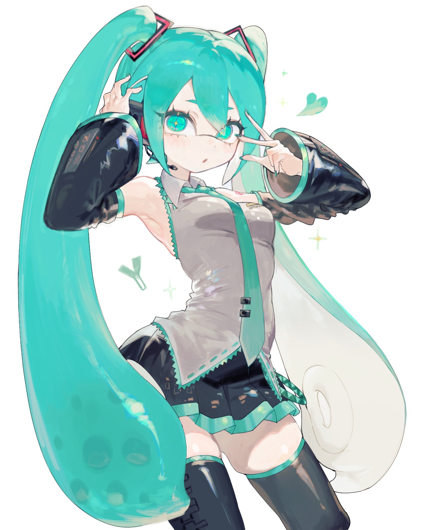 1girl, 1girls, aqua eyes, aqua hair, aqua nails, aqua necktie, armpits, bangs, bare shoulders, black skirt, black thighhighs, blush, breasts, cowboy shot, detached sleeves, female, female only, green eyes, green hair, grey shirt, hair between eyes, hatsune miku, headphones, headset, heart, hi res, inkling, inkling girl, long hair, looking at viewer, nail polish, necktie, pleated skirt, shiny clothes, shirt, simple background, skindentation, skirt, sleeveless, sleeveless shirt, solo, sparkle, splatoon, spring onion, star-shaped pupils, tentacle hair, thighhighs, toge77789, togetoge, twintails, very long hair, vocaloid, white background, zettai ryouiki