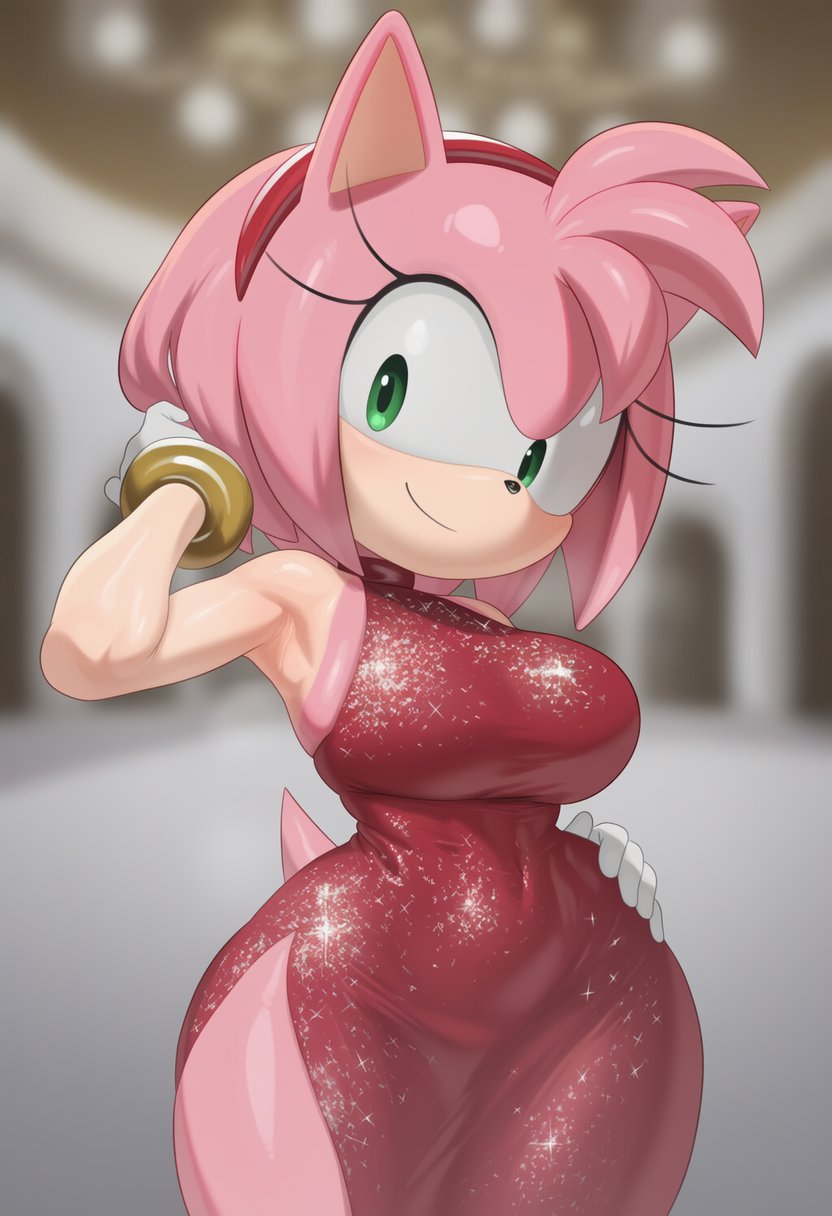 1girl, 1girls, ai generated, amy rose, dress, female, female focus, female only, female solo, focus on female, furry, furry female, furry only, only female, pink skin, rararar2k, sega, solo, solo female, solo focus, sonic (series), sonic the hedgehog (series), sonic x