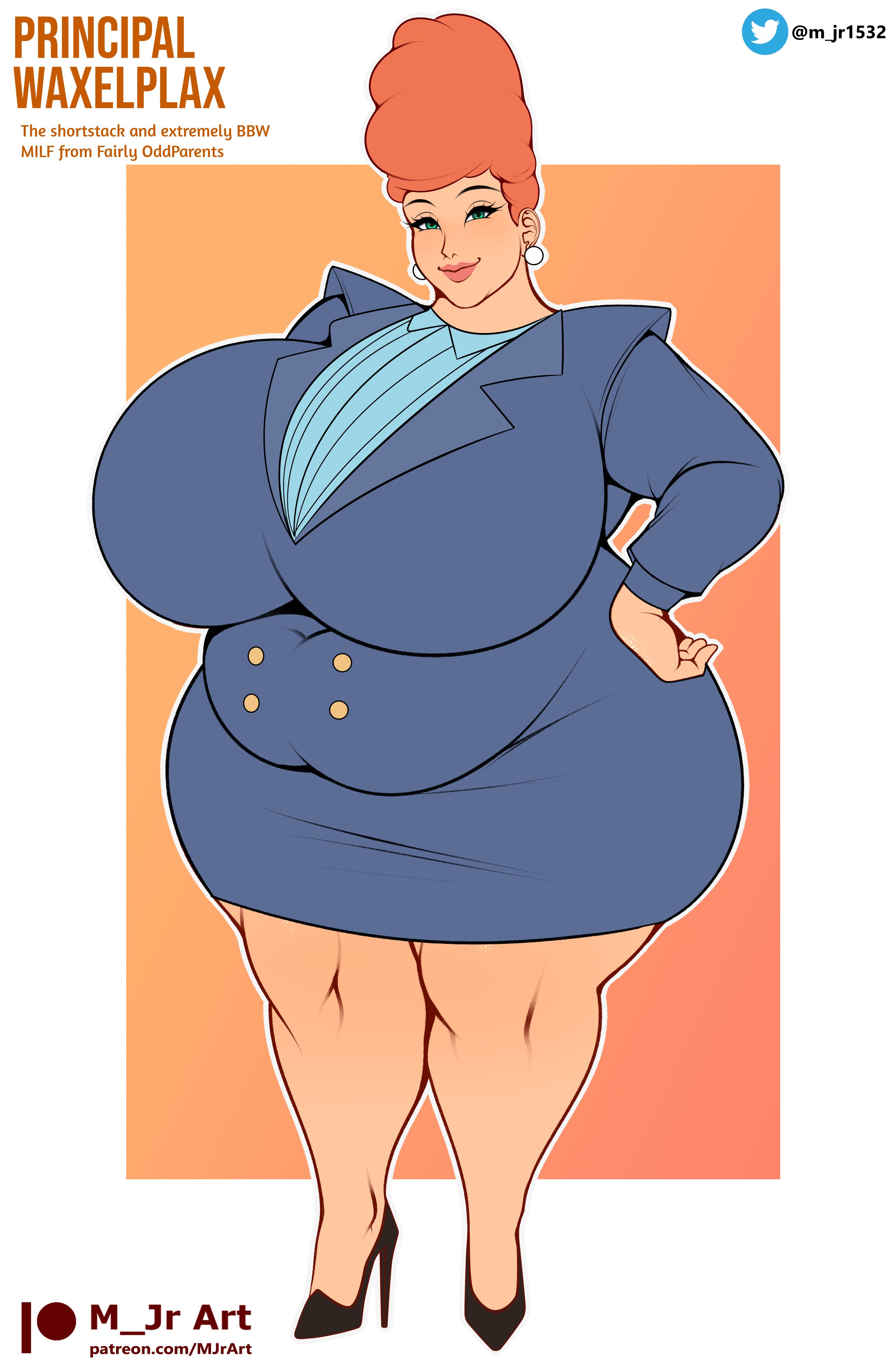 bbw, breasts bigger than head, business attire, business suit, business woman, cartoon, child bearing hips, chubby, chubby belly, chubby female, enormous breasts, green eyes, high heels, huge breasts, m jr art, milf, nickelodeon, orange hair, principal, principal waxelplax, shortstack, the fairly oddparents, thick thighs, wide hips