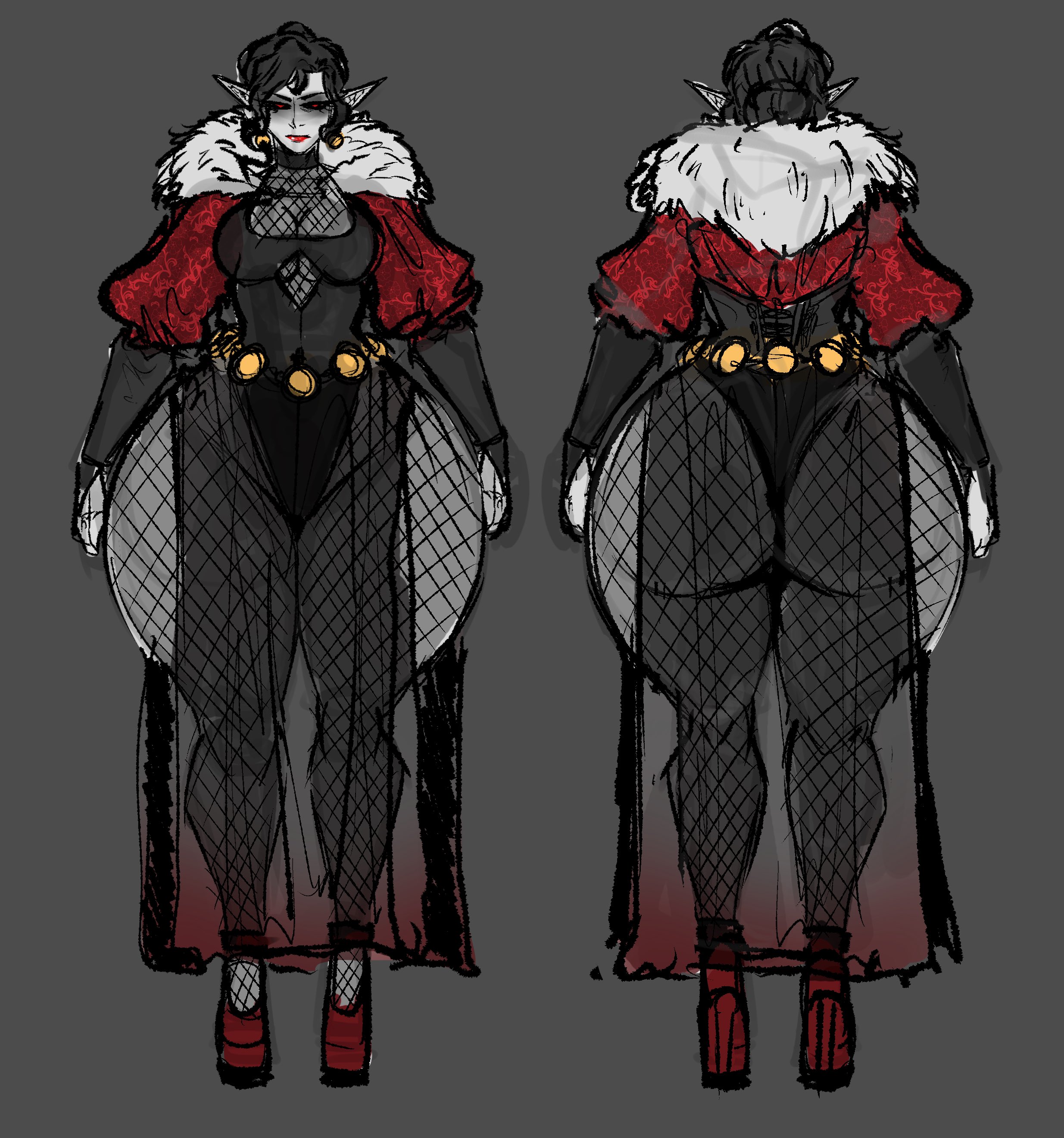 1female, 1girls, back view, big ass, big breasts, earrings, fat ass, front view, fur trim, high heels, humble shark, pointy ears, thick thighs, thighs, vampire, vampire girl, victoria von esielhower, voluptuous, voluptuous female, white skin
