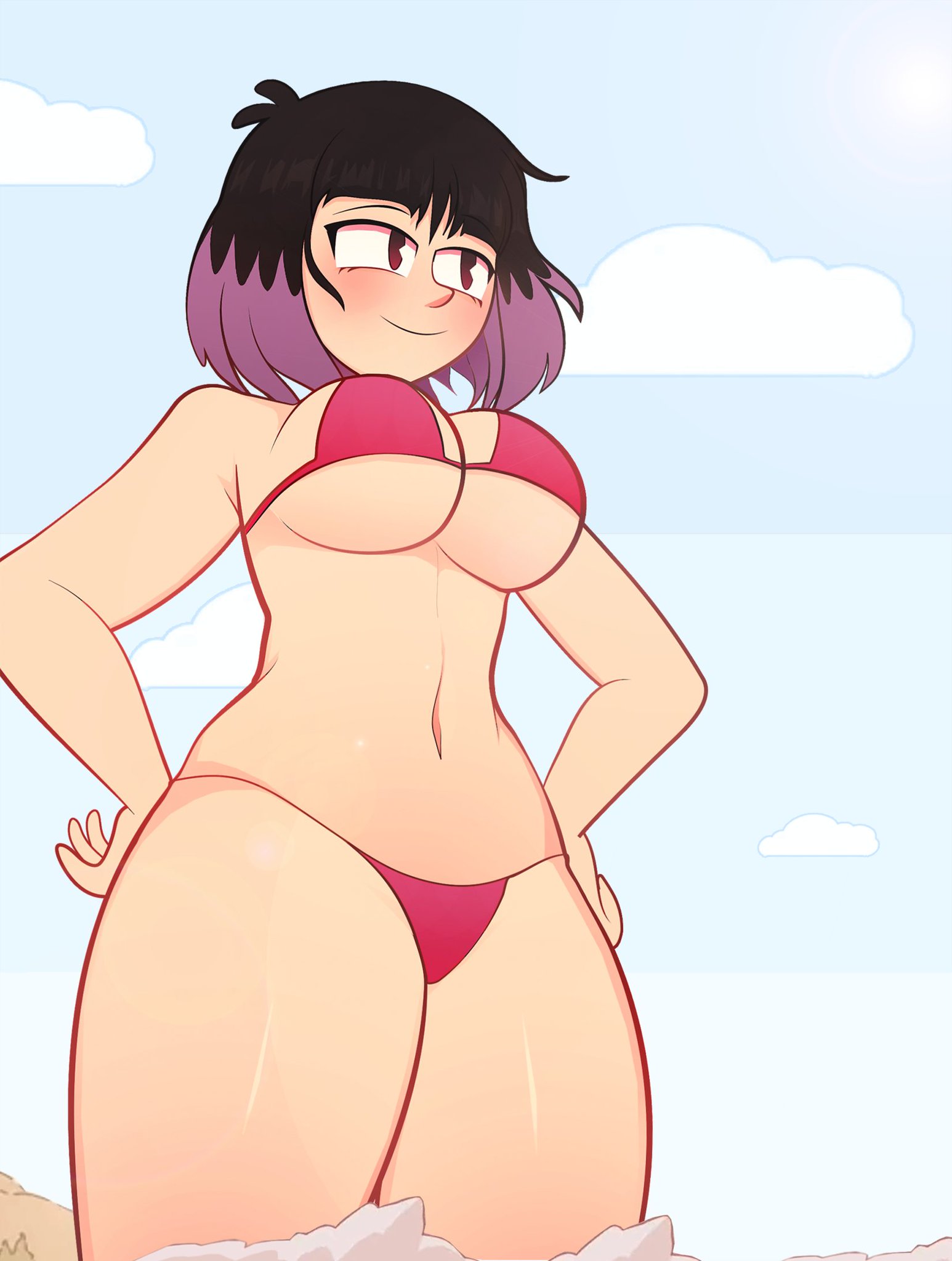 arkeus, arkeus 165, bikini, black hair, blush, bra, breasts, cleavage, clothing, cloud, day, eyewear, female, female only, giant, giantess, glasses, hands on hips, hands on own hips, high resolution, hilda (series), kaisa (hilda), large breasts, multicolored hair, navel, pantsu, pink bikini, pink swimsuit, portrait, purple hair, red bikini, red swimsuit, shiny, shiny skin, short hair, sky, smile, solo, standing, swimming costume, swimsuit, thighs, two-tone hair, underwear
