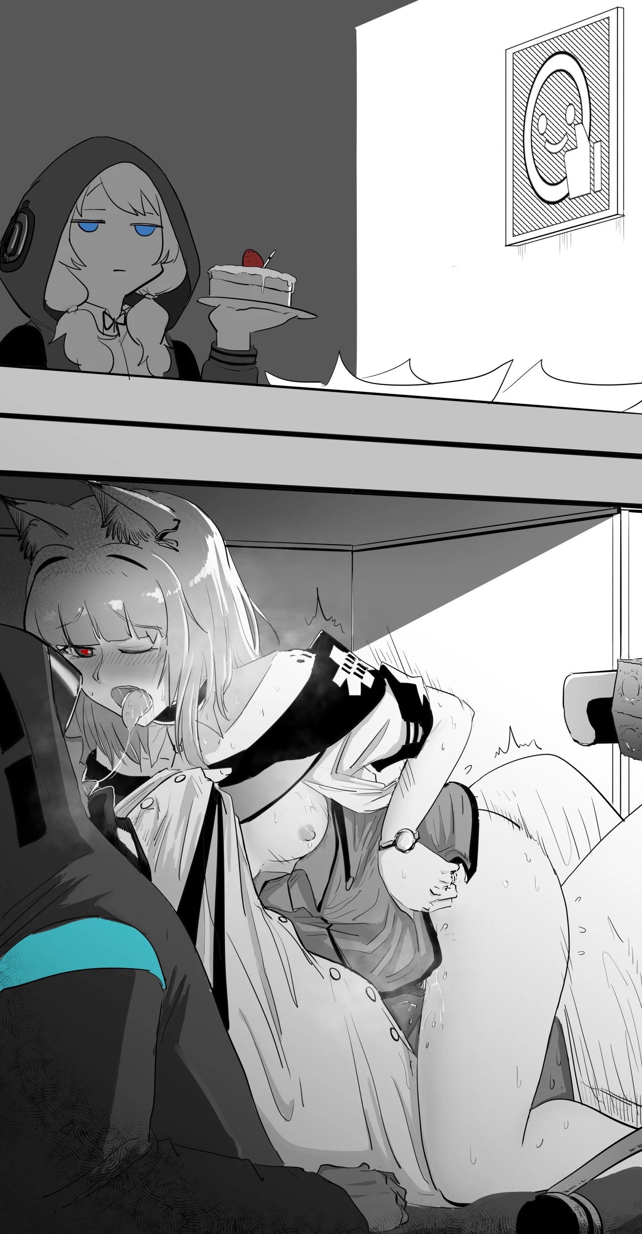 absurdres, arknights, breasts, condom, doctor (arknights), female, food, fruit, hood, kal'tsit (arknights), male doctor (arknights), monochrome, stealth sex, strawberry, symbol-shaped pupils, tagme, tagme (artist), under the table