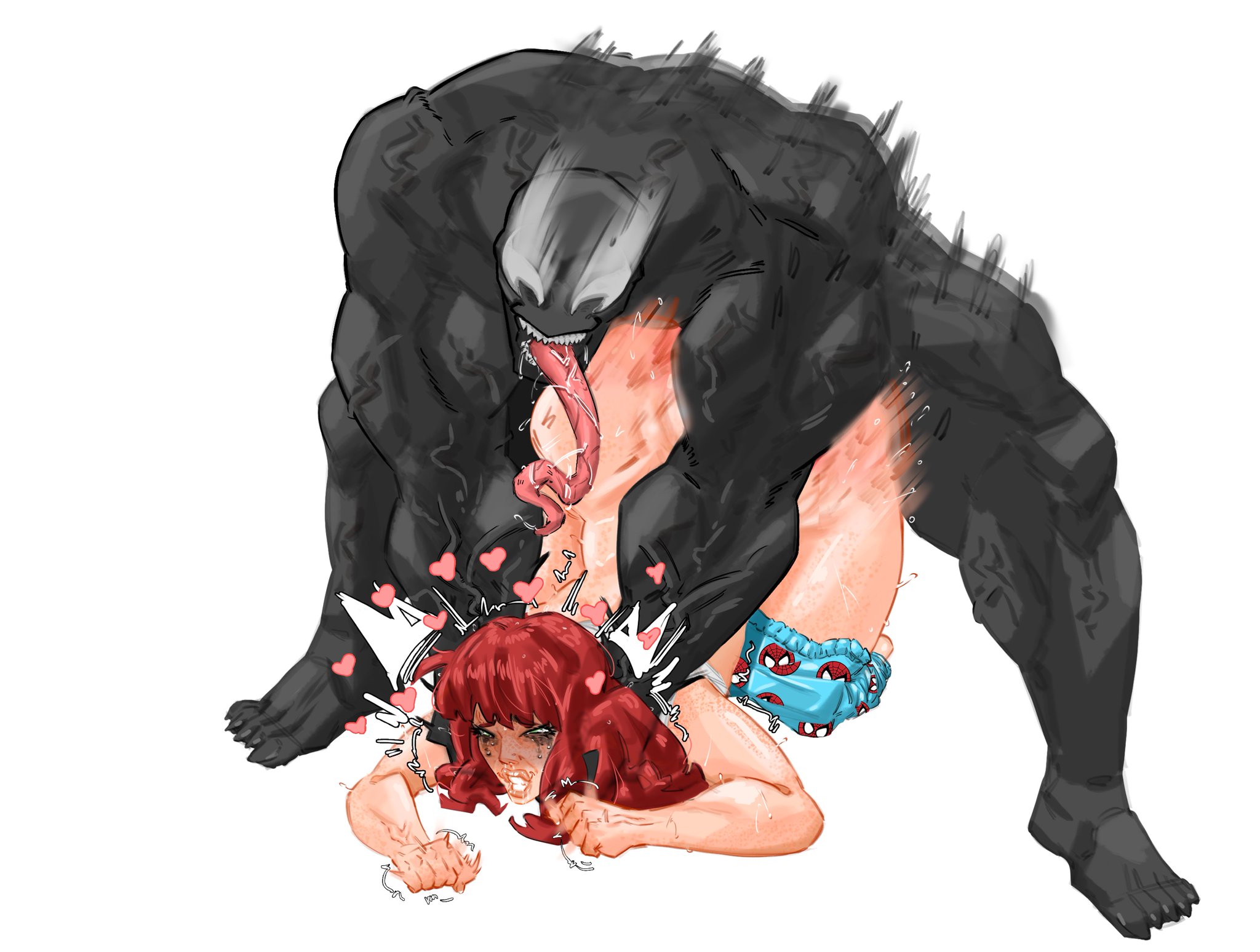 big ass, big breasts, big tongue, black body, blush, cleavage, cleavage cutout, duo, fat ass, from, from behind, from behind position, heart, heart symbol, large breasts, lying, makeup, makeup running, male, marvel, marvel comics, mary jane watson, monster, monster boy, naughty, naughty face, peter parker, pleasure face, pounding, pounding ass, redhead, round ass, shorts, spider-man, spider-man (series), thick thighs, thighhighs, thighs, tokyoplip, tongue out, venom (marvel)