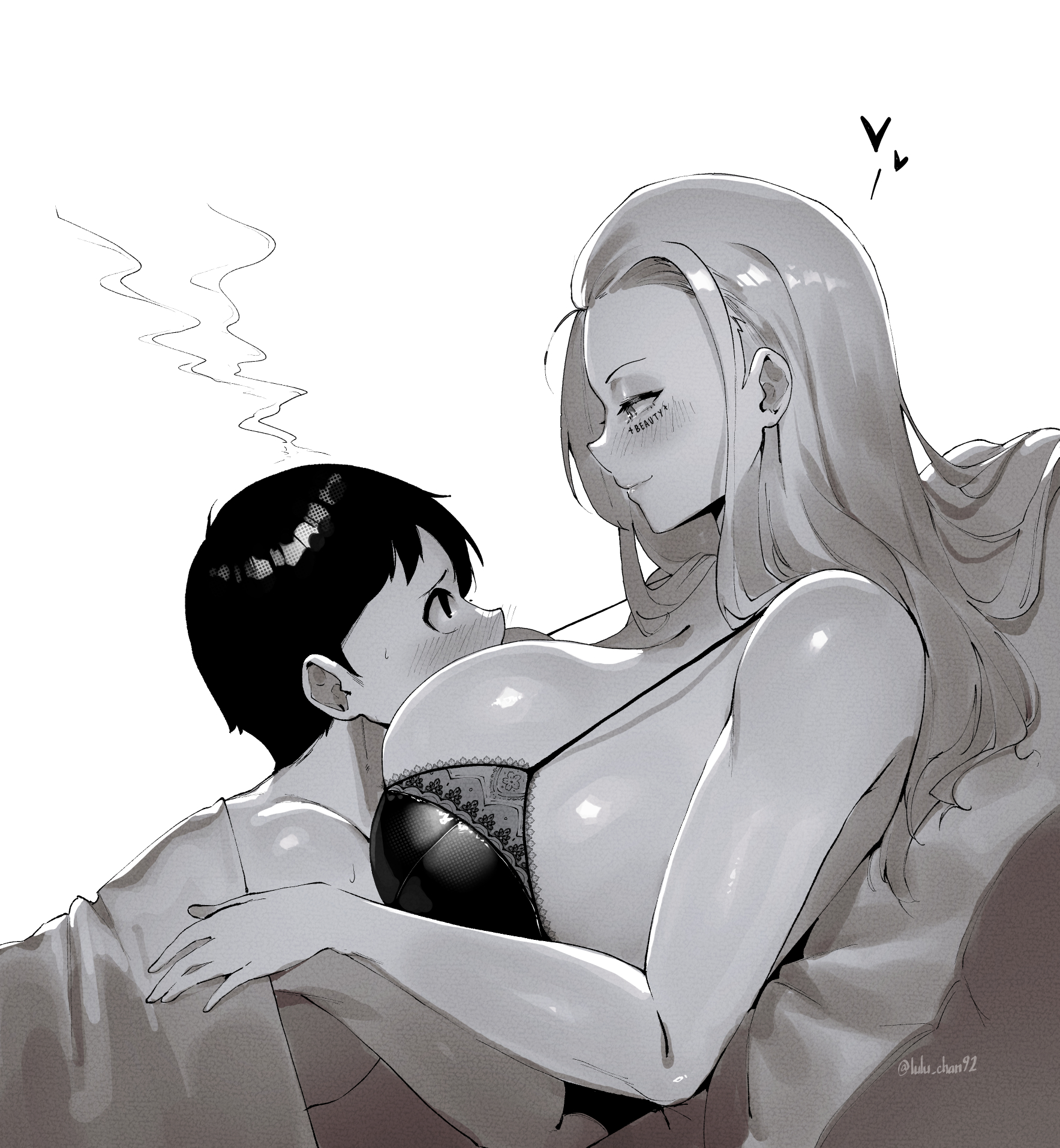 1boy, 1girl, 2020s, 2026, 2d, 2d (artwork), age difference, android, android girl, artist name, bed, big breasts, blush, bra, breast smother, breasts, busty, cleavage, couple, curvy, female, highres, huge breasts, large breasts, light-skinned female, light-skinned male, lingerie, long hair, lulu-chan92, male, manhwa, milo ahn, mommy kink, monochrome, nano list, robot girl, san (nano list), shorter male, size difference, smile, taller female, thicc, thick thighs, underwear, vanilla, voluptuous, voluptuous female, webtoon, white background, white hair, younger female