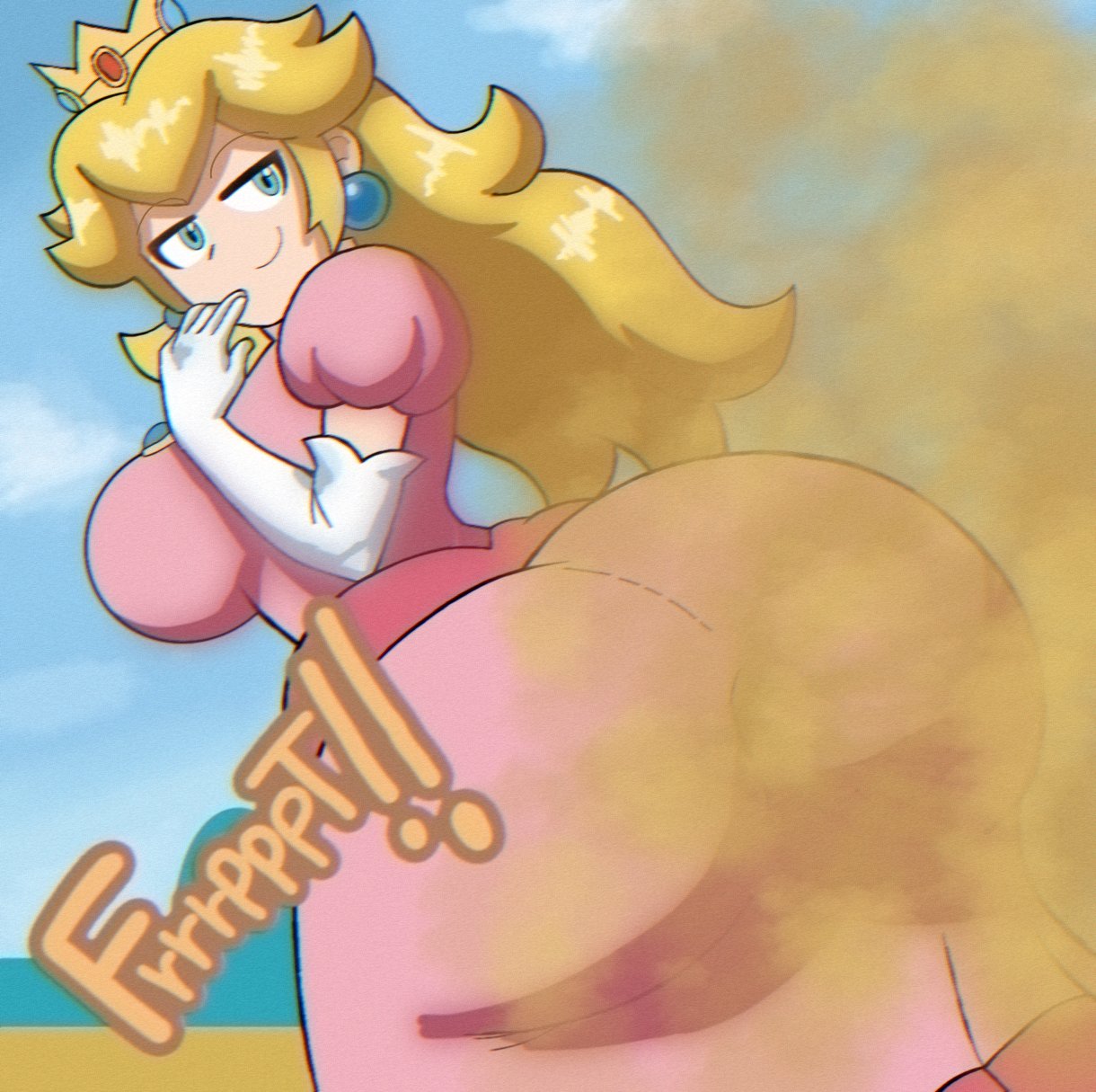 ass, ass focus, beach, beach background, big ass, big breasts, big butt, blonde hair, blue eyes, brap, bubble butt, cutting the cheese, dumptruck ass, enormous ass, fart, fart cloud, fart fetish, farting, farting at viewer, farts, fat ass, fat butt, female, female only, gassy, gassy female, huge ass, hyper ass, large ass, large breasts, looking at viewer, mario (series), nintendo, ojou-sama, ojou-sama pose, passing gas, princess peach, ripping ass, seductive, smelly ass, sniffable ass, super mario bros., tooting, wide hips, zaemonbrap