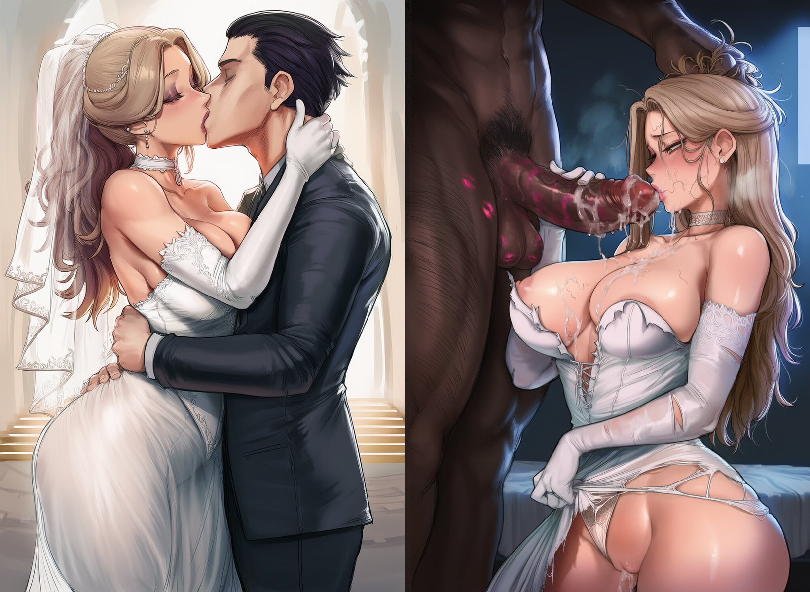 1girls, 2boys, ai generated, big breasts, blonde hair, bride, cheating, cheating on wedding day, choker, cleavage, cum, dark skin, dark-skinned male, derpai, fellatio, female, grabbing another's hair, interracial, kissing, lipstick mark, lipstick on balls, lipstick on penis, male, nipple slip, panties, torn clothes, wedding, wedding dress