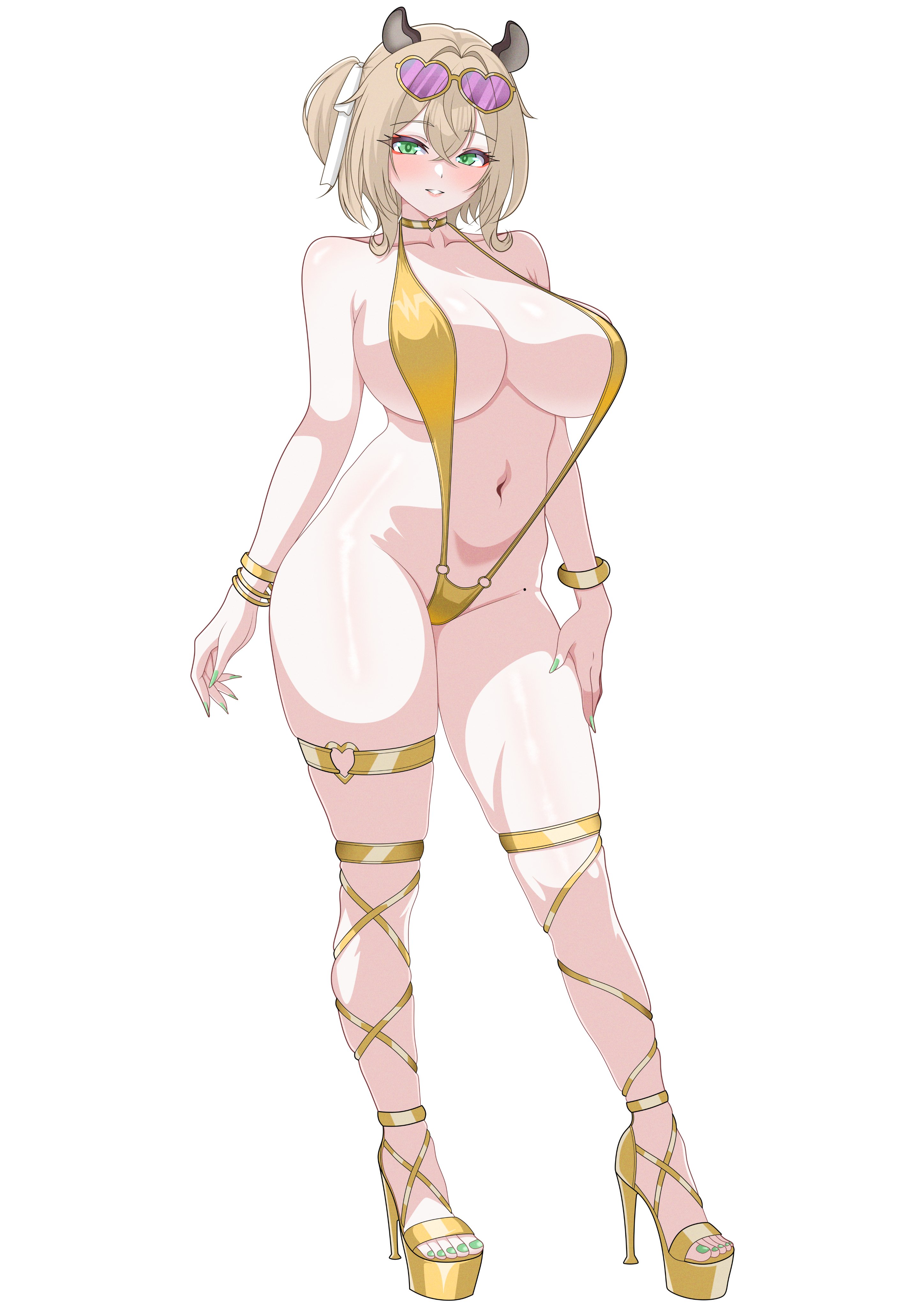absurdres, animal ears, black slingshot swimsuit, breasts, brown hair, choker, commentary, english commentary, eyewear on head, gold choker, gold slingshot swimsuit, green eyes, green nails, hazaky, heart, heart o-ring, heart ring choker, high heels, highres, indie virtual youtuber, looking at viewer, naer0, nail polish, nimi nightmare, o-ring, o-ring choker, slingshot swimsuit, smile, solo, sunglasses, swimsuit, tapir ears, tapir girl, thigh strap, toenail polish, toenails, virtual youtuber