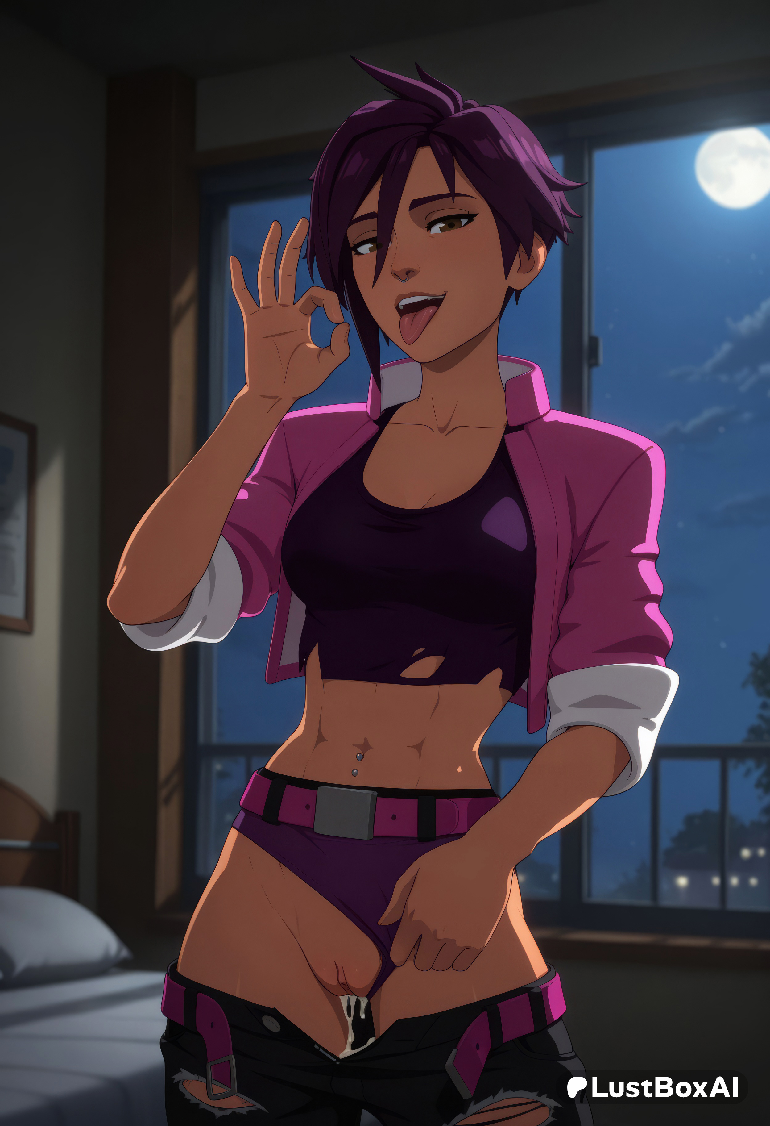 1girls, abs, after sex, ai generated, artist name, bed, belt, breasts, brown eyes, clothes pull, clothing aside, collarbone, crop top, cropped jacket, cum, cum in pussy, dark skin, dark-skinned female, dispatch (game), fellatio gesture, female, full moon, hi res, indoors, invisigal, jacket, looking at viewer, lustboxai, medium breasts, moon, naughty face, navel, night, open mouth, panties, panties aside, pants, pants pull, piercing, purple hair, purple panties, pussy, short hair, sky, solo, teeth, tomboy, toned, tongue, tongue out, torn clothes, uncensored, underwear, window