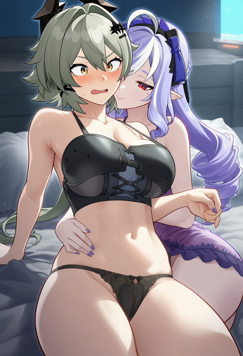 2girls, ai generated, bed, bedroom, belly button, big ass, big breasts, big butt, big thighs, blush, caesar king, female, female focus, female only, gray hair, hoyoverse, hugging from behind, laying on bed, light skinned female, lingerie, lingerie only, long hair, lunealter, mature female, mihoyo, navel, night, open mouth, pale-skinned female, purple hair, purple nails, red eyes, sfw, shy, smile, thick ass, thick butt, thick hips, thick legs, thick thighs, vivian banshee, yellow eyes, yuri, zenless zone zero
