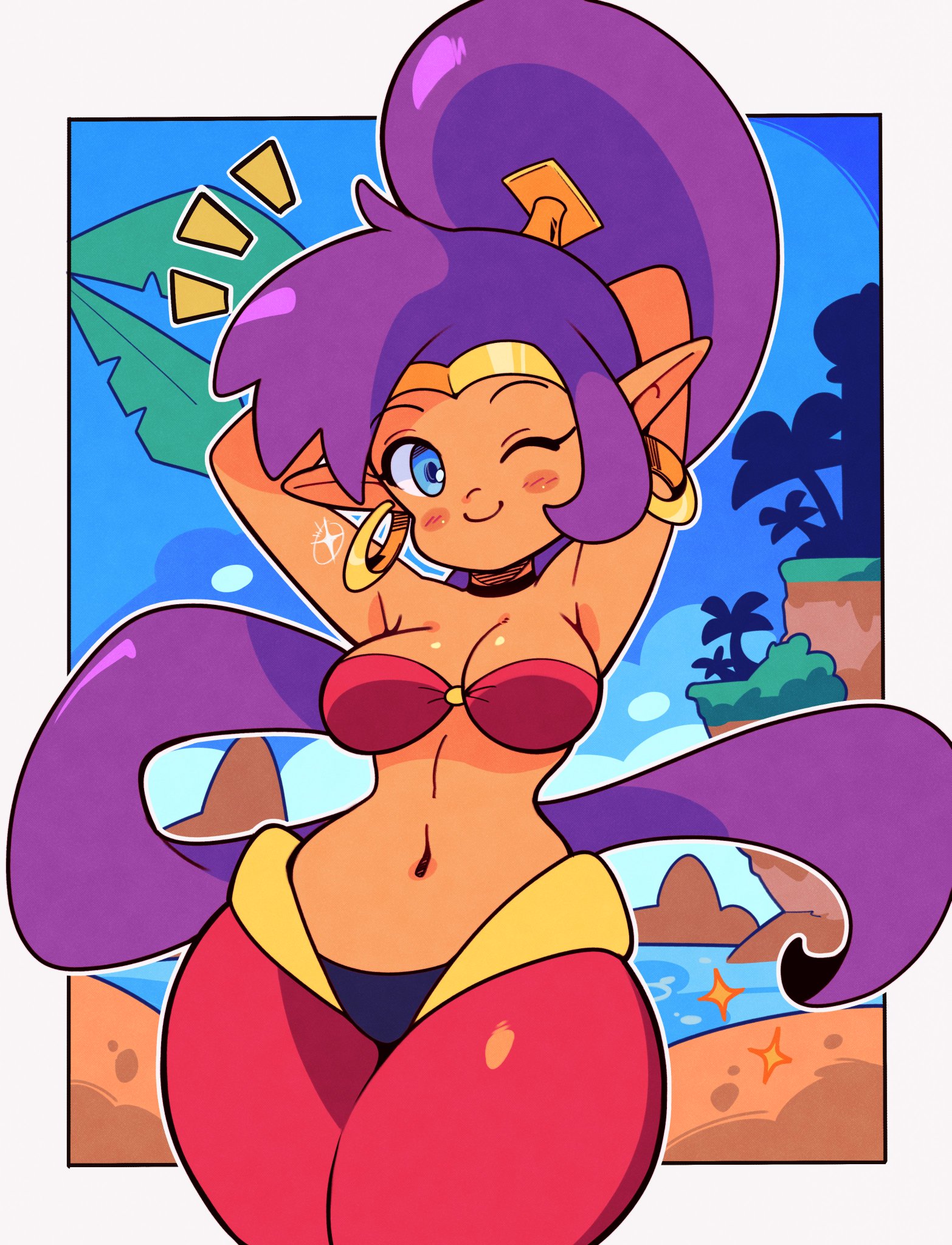 1girls, arms up, blue eyes, blush, breasts, collar, dark skin, dark-skinned female, earrings, female, female focus, female only, jewelry, light blush, long hair, nature, one eye closed, pointy ears, ponytail, purple hair, sea, sexy, shantae, shantae (character), smile, solo, solo female, solo focus, tagme, tagme (artist), thighs, tiaramisstsu, tree, water, wink
