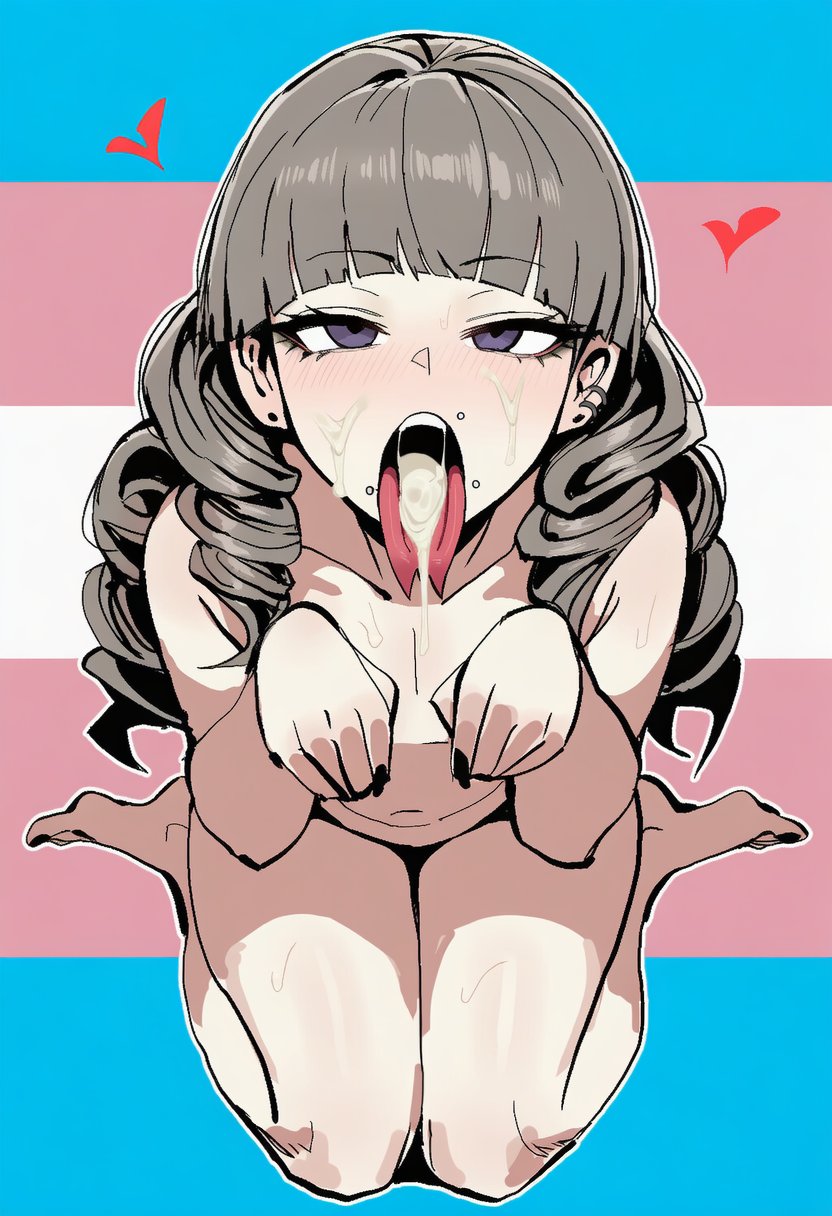 1girls, 2d, ai generated, barefoot, black nails, blunt bangs, blush, breasts, completely nude, cum, cum drip, cum in mouth, cum on face, cum on tongue, cumdrip, drill hair, ear piercing, earrings, facial, female, female only, flag, flat chest, flat chested, from above, grey hair, heart, jerkoff visual assistance, jewelry, long hair, looking at viewer, nail polish, navel, nude, open mouth, piercing, presenting, presenting mouth, purple eyes, sitting, sloppingslurpie, solo, solo female, split tongue, teeth, thighs, tongue, tongue out, trans flag, wariza