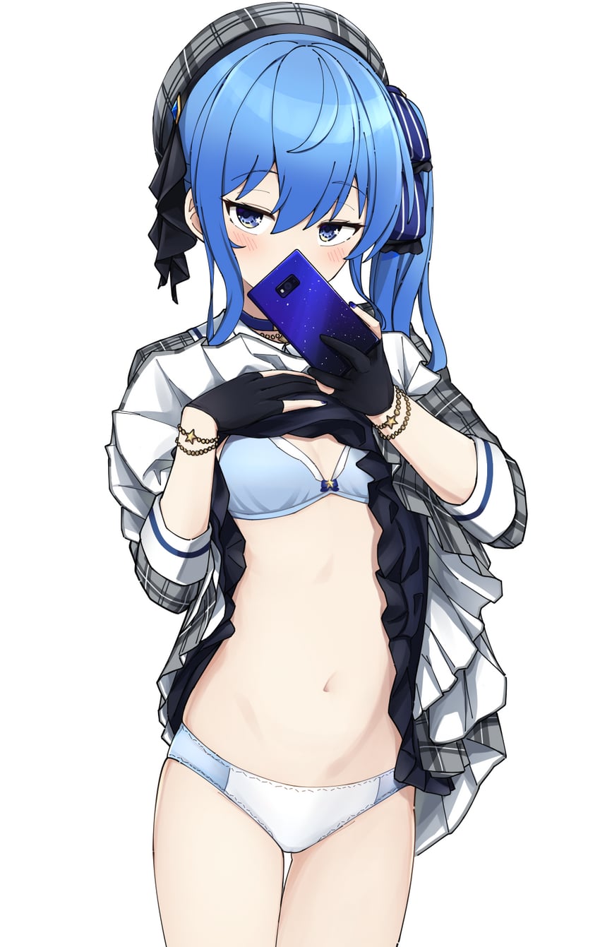 1girls, blue bra, blush, hololive, hoshimachi suisei, hoshimachi suisei (1st costume), kenken (keuken), virtual youtuber, white panties