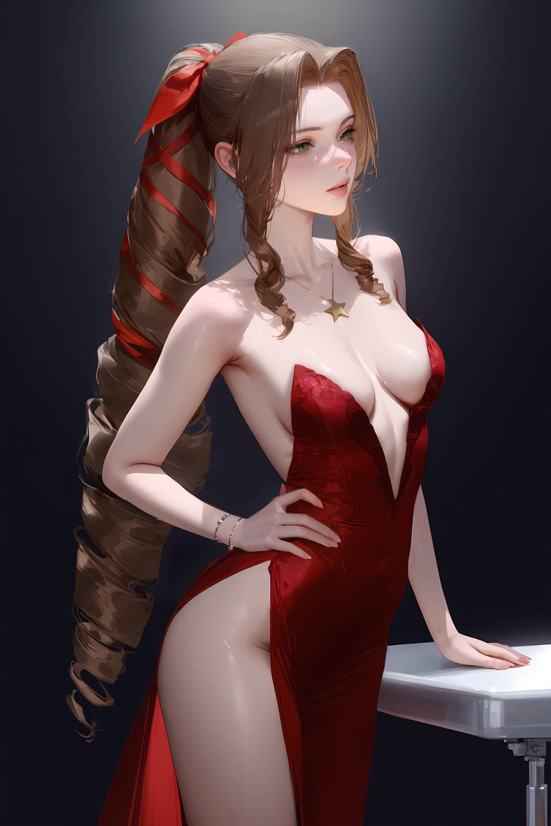 aerith_gainsborough ai_eyes ai_generated brown_hair female final_fantasy final_fantasy_vii final_fantasy_vii_rebirth final_fantasy_vii_remake green_eyes hourglass_figure light-skinned_female red_dress