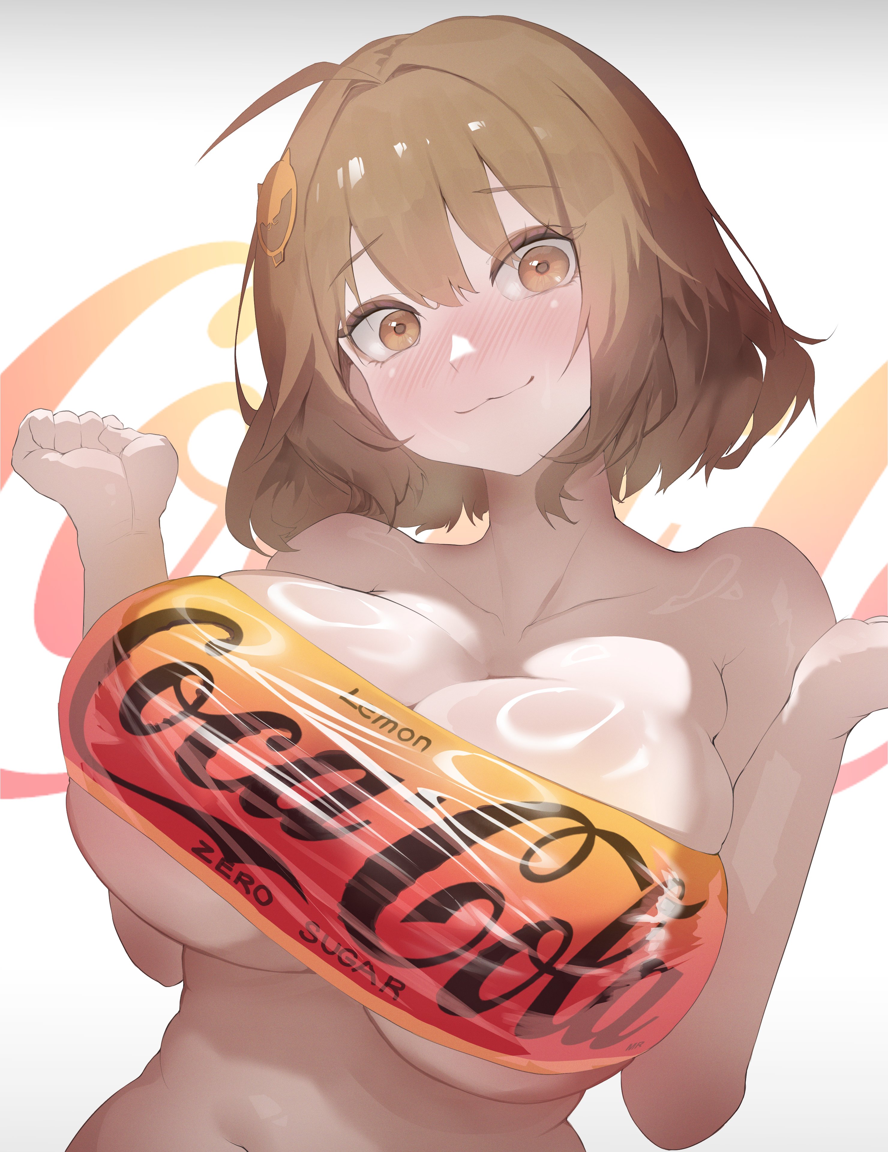 1girls, 2024, 2d, 2d (artwork), anis (nikke), breasts, brown eyes, brown hair, coca-cola, female, goddess of victory: nikke, houh888, huge breasts, jpeg, jpg, looking at viewer, smile, squeezing, tight clothing, tight fit, white background