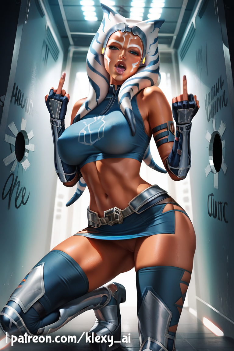 ahsoka_tano ai_generated alien alien_girl alien_humanoid armored armored_female armwear ass belly belly_button big_ass big_breasts blue_eyes breasts clone_wars clothed clothed_female clothing drool drool_string drooling exposed_pussy face_markings face_marks female female_only glory_hole glory_hole_station hourglass_figure huge_breasts index_finger_raised klexyai looking_at_viewer looking_down looking_down_at_viewer marking markings_on_face middle_finger mostly_nude mostly_nude_female muscular muscular_female no_panties on_knee open_mouth open_mouth orange_skin patreon patreon_username shiny shiny_skin short_skirt solo solo_female star_wars thick_thighs thighhighs togruta tongue tongue_out upskirt voluptuous voluptuous_female wardrobe_malfunction writing writing_on_wall