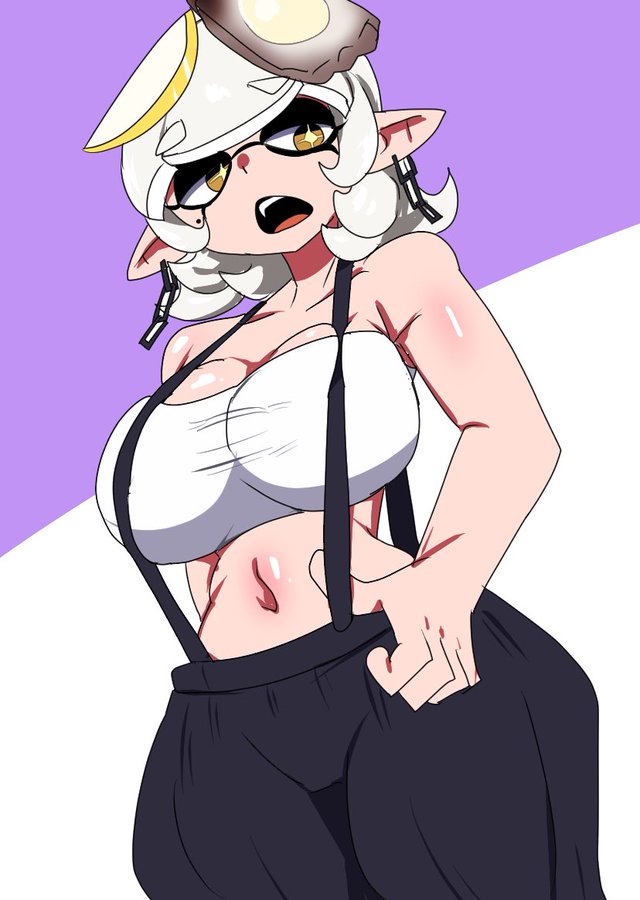 1girls alternate_costume black_pants breasts chicken_rib cleavage earrings hair_ornament inkling inkling_girl large_breasts looking_at_viewer marie_(splatoon) marie_(summer_nights) navel official_alternate_costume open_mouth pointy_ears purple_and_white short_hair solo solo_female solo_focus splatfest splatoon splatoon_(series) splatoon_3 summer_nights_splatfest suspenders tentacle tentacle_hair two_tone_background