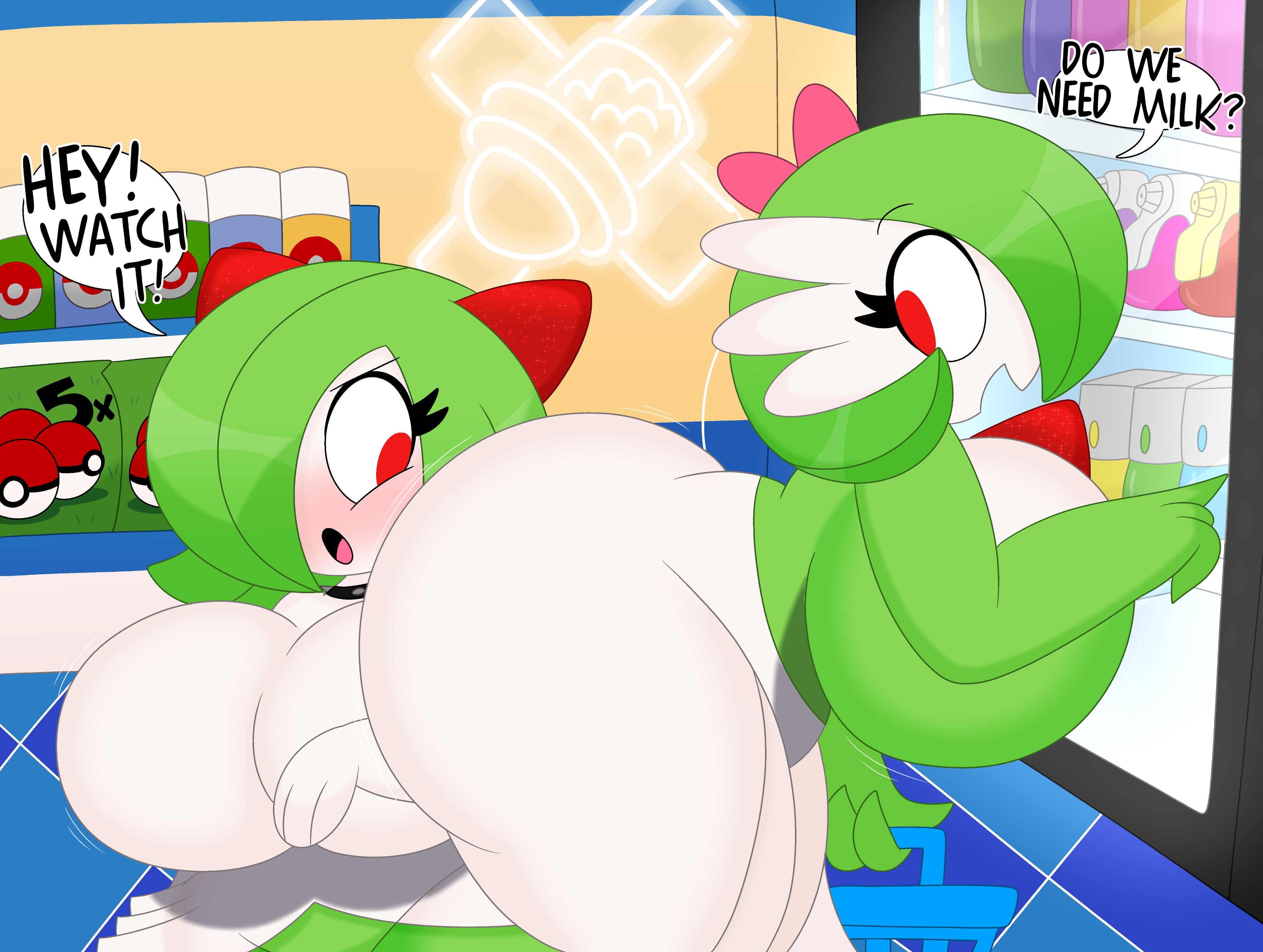 2girls, 3barts, ass, big ass, big breasts, breasts, bubble ass, bubble butt, cleavage, female, gardevoir, huge ass, huge breasts, kirlia, pokemon, pokemon (species), thick thighs, wide hips