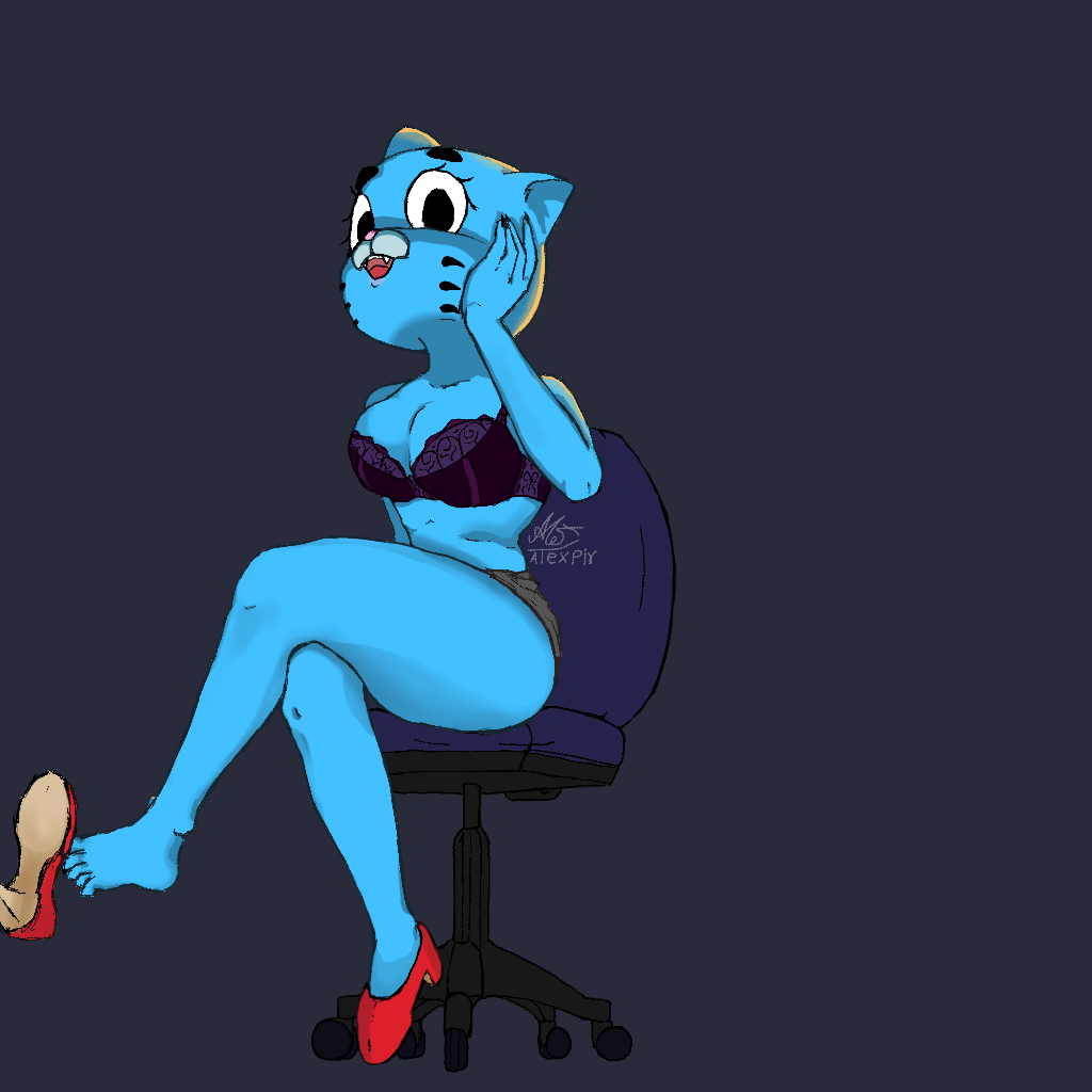 alexpir blue_skin bra breasts breasts cartoon_network catgirl nicole_watterson office office_chair office_lady red_shoes skirt_up the_amazing_world_of_gumball wet