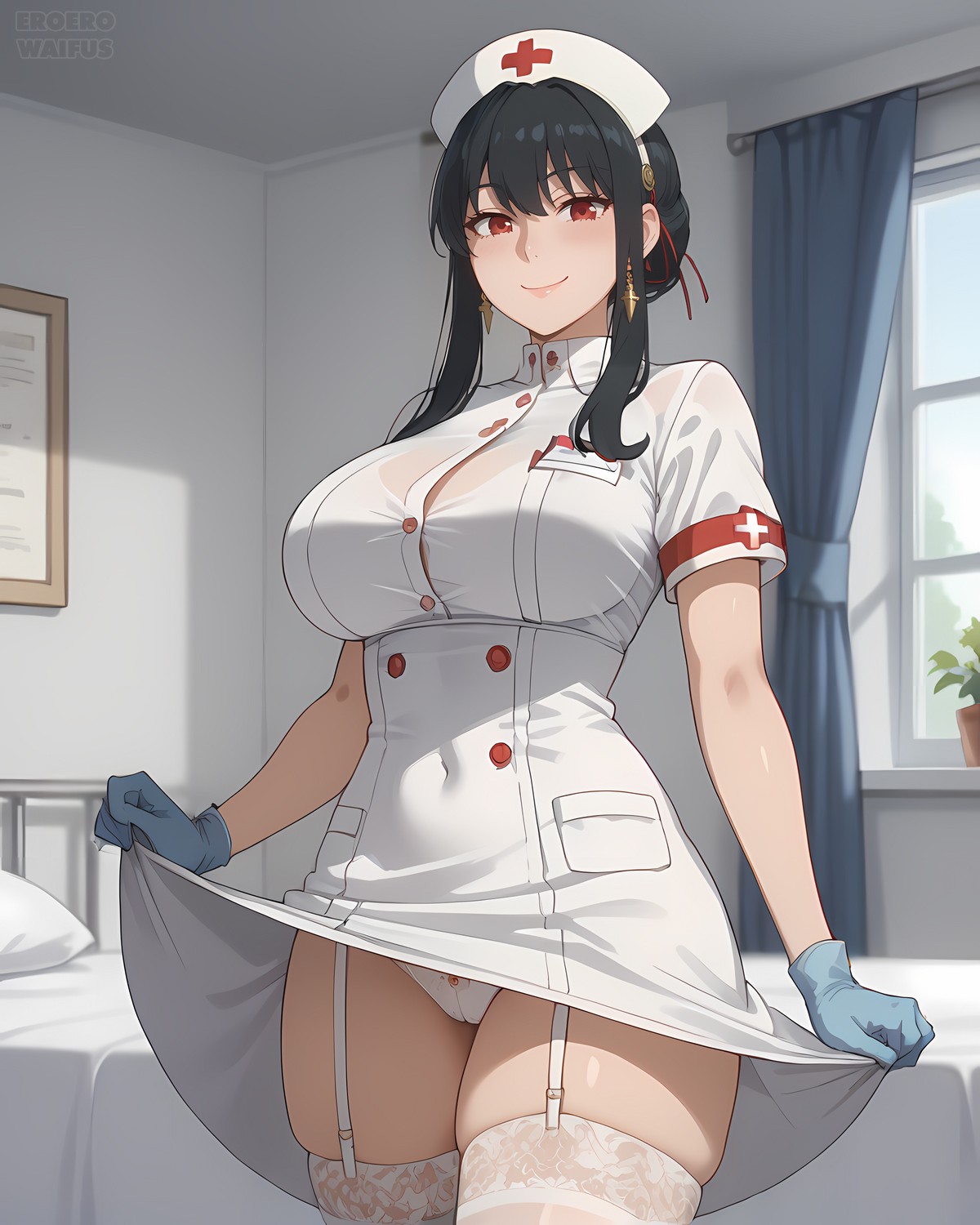 ai generated, bare legs, big breasts, black hair, breasts, dress lift, eroero waifus, female, garter belt, gloves, hair bun, huge breasts, huge thighs, light skin, light-skinned female, looking at viewer, massive breasts, mature female, milf, nurse, nurse cap, nurse uniform, panties, presenting pussy, pussy, red eyes, shounen jump+, smiling, solo female, spy x family, stockings, thick body, thick female, thick thighs, thighs, voluptuous, voluptuous female, yor briar, yor forger