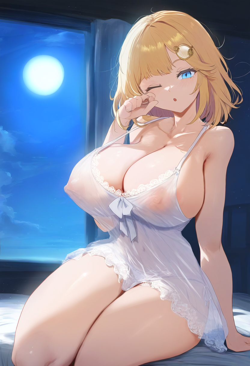 ai_generated ameanon big_breasts blonde_hair blue_eyes breasts cleavage covered_nipples hololive hololive_english hololive_myth huge_breasts large_breasts mommy negligee nightgown nipples nipples_visible_through_clothing on_bed one_eye_closed rubbing_eyes see-through see-through_clothing sideboob sitting sleepy stretching thick_thighs virtual_youtuber vtuber watson_amelia white_dress