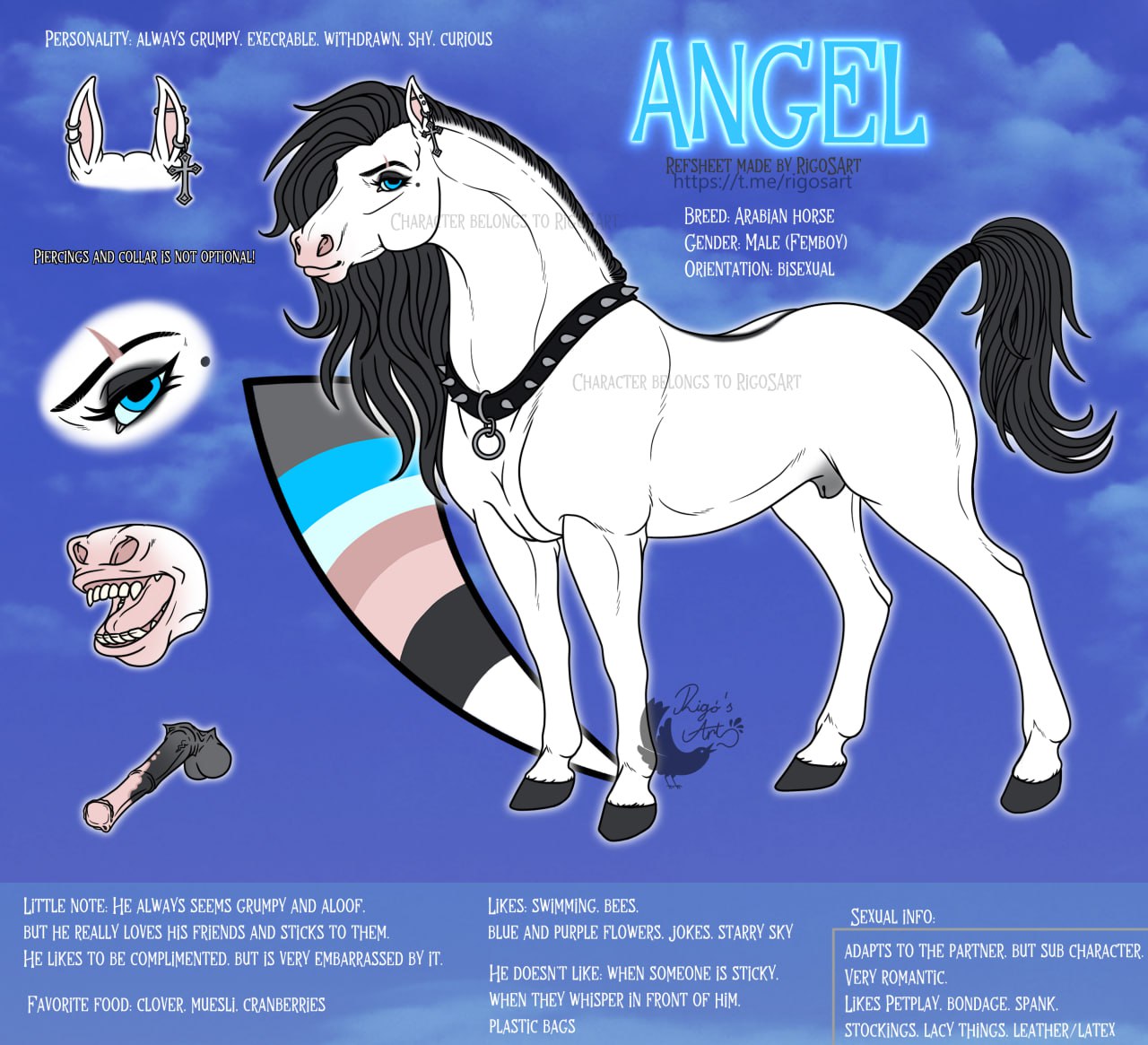 1boy _angel_(rigos_art) alternative_fashion angel animal_genitalia animal_penis arabian_horse artist_logo artist_name balls ballsack black_hair body_fur character_sheet collar equine equine_genitalia equine_penis erection femboy feral fully_sheathed genitals goth hooves horse horse_tail horsecock male male_only mammal mane medial_ring model_sheet penis rigos_art scrotum sheath solo testicles veiny_penis watermark white_fur