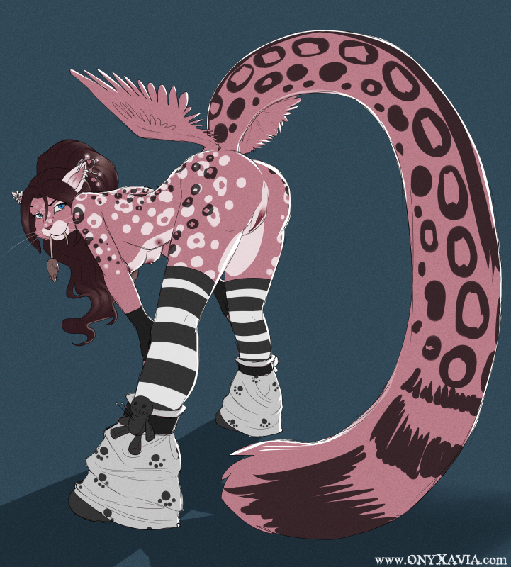 anthro ass bent_over breasts butt_wings feline female feral leopard looking_at_viewer mouse multi_nipple nude onyxavia pussy rodent solo striped_socks whiskers wings