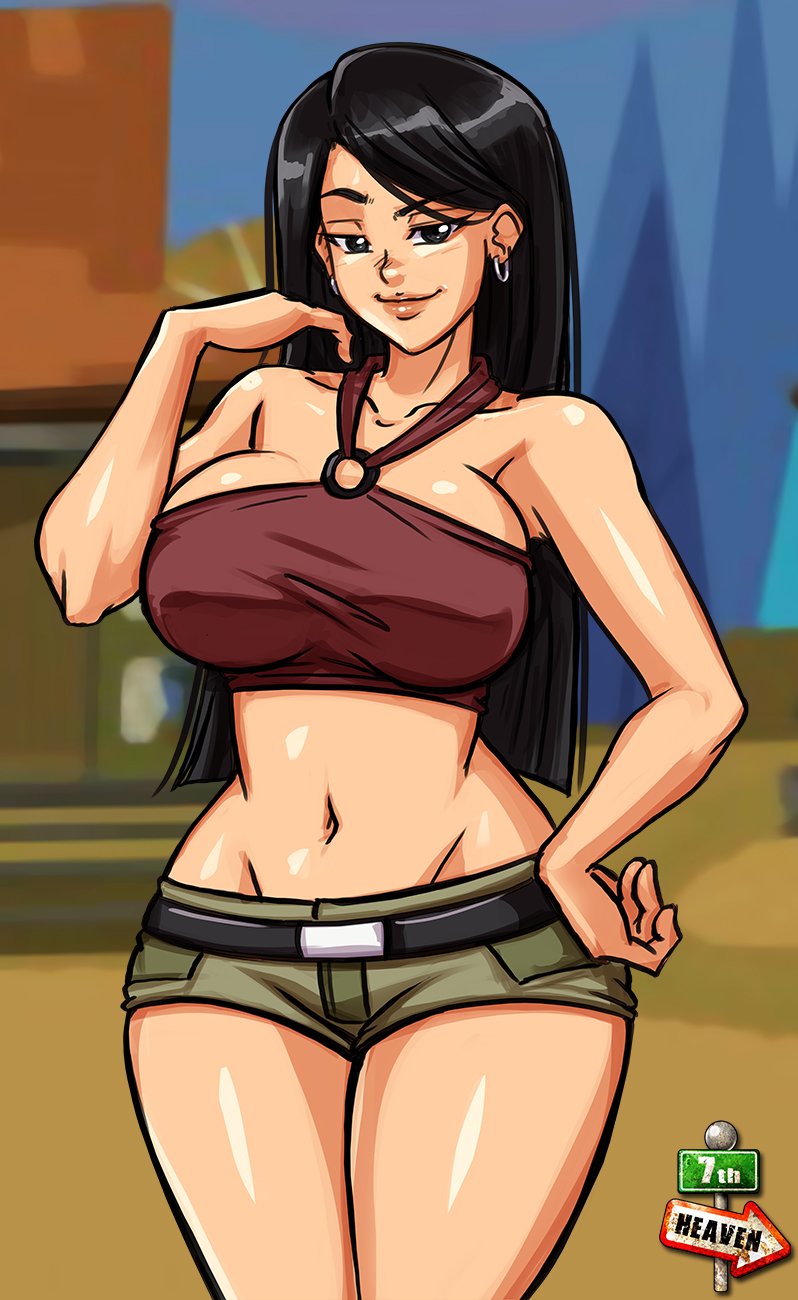 1girls 7th-heaven black_hair breasts cartoon_network earrings heather_(tdi) large_breasts long_hair looking_at_viewer navel red_tank_top shiny_skin shorts solo solo_female solo_focus tank_top teletoon total_drama_island