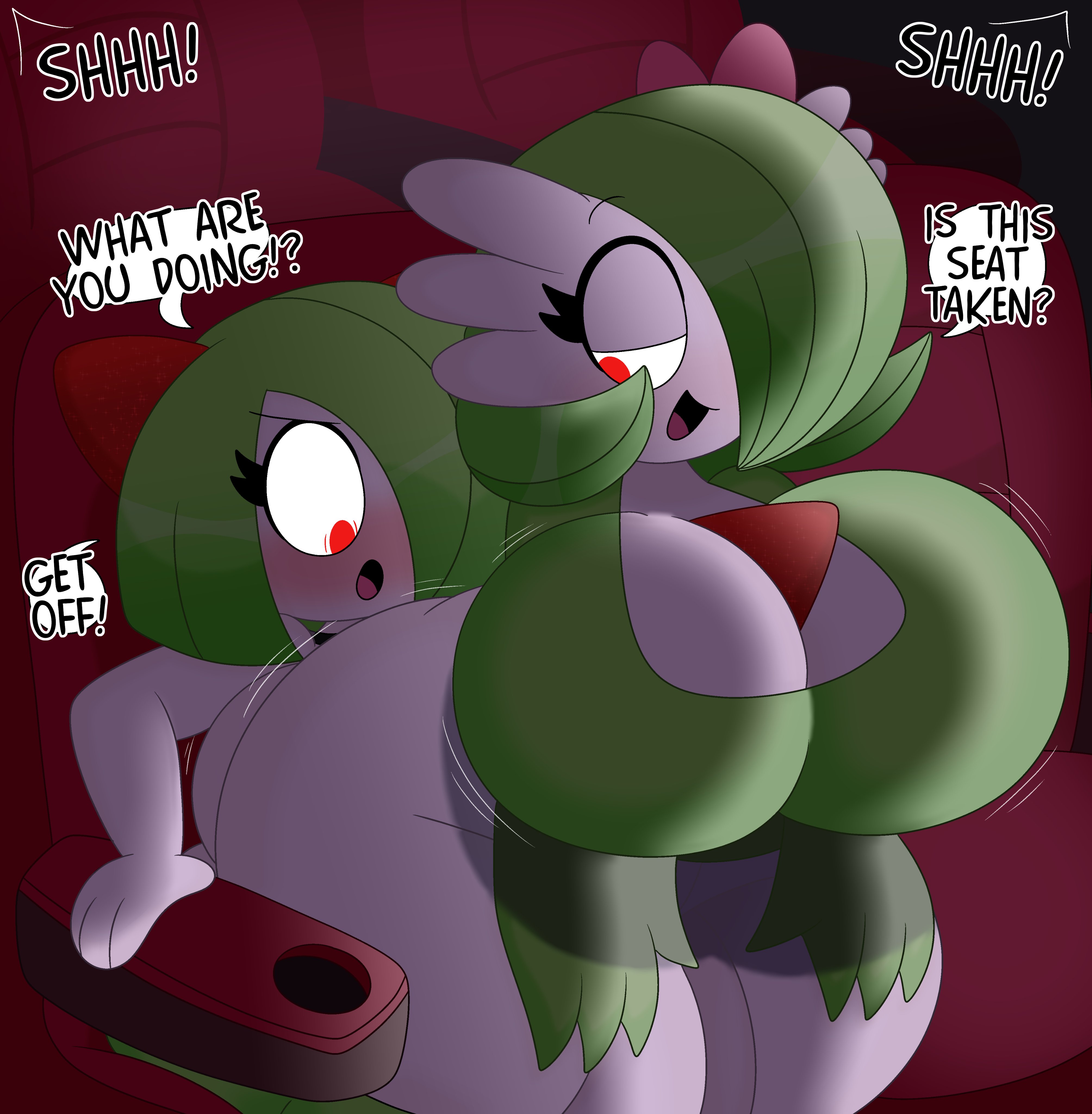 2girls, 3barts, ass, big ass, big breasts, breasts, bubble ass, bubble butt, cleavage, female, gardevoir, huge ass, huge breasts, kirlia, pokemon, pokemon (species), thick thighs, wide hips
