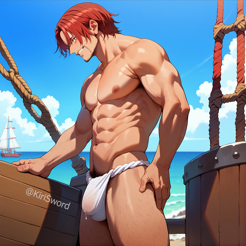 abs ai_generated bara biceps big_bulge bulge cum fundoshi japanese_clothing kirisword male male_nipples male_only manly muscular_male nipples one_piece pecs penis_under_clothes shanks