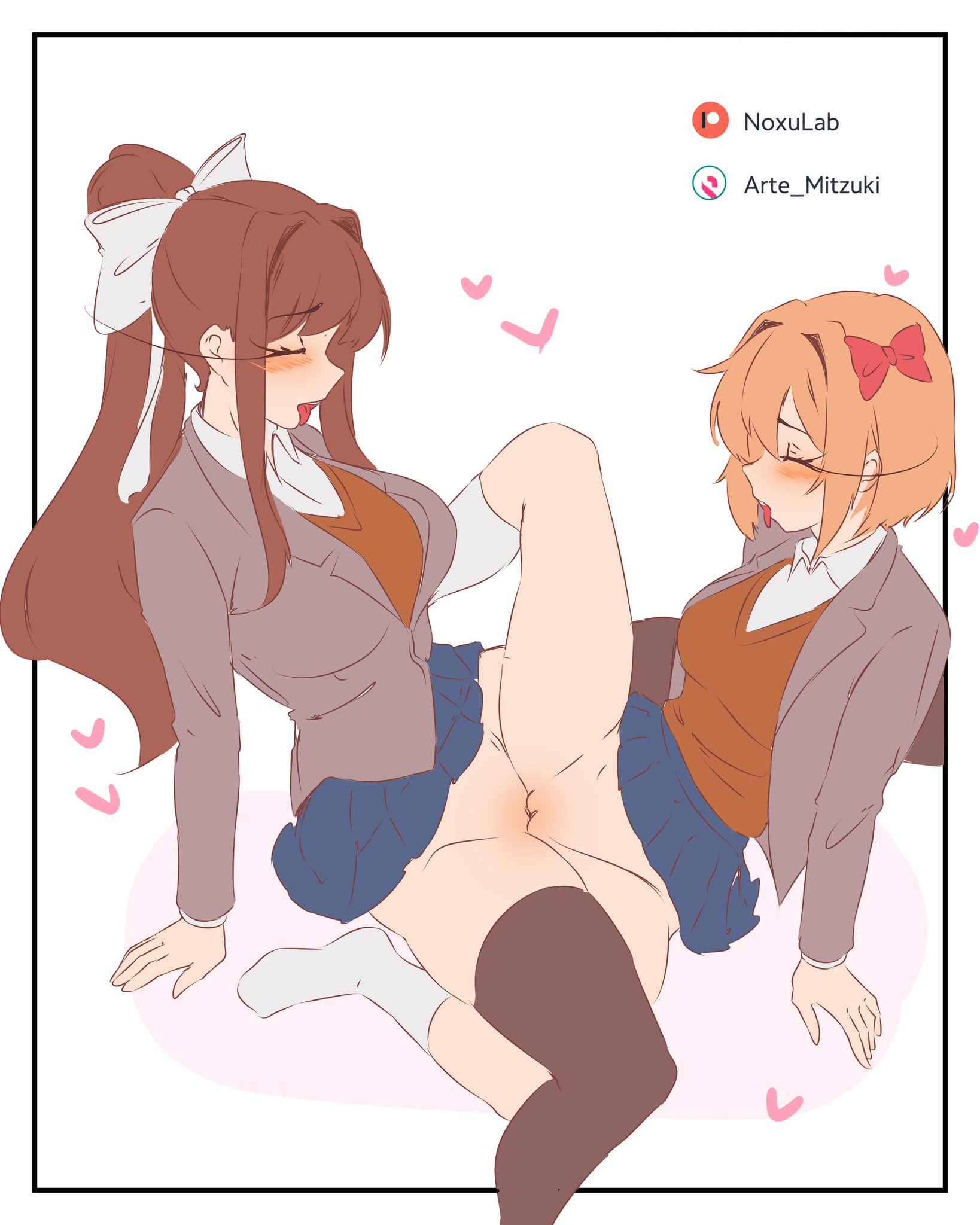 1girls, 2026, 2girls, arm support, arte mitzuki, blonde hair, blue skirt, brown hair, butterfly hair ornament, closed eyes, ddlc, doki doki literature club, female, female focus, female only, female/female, hearts, hearts around head, human, human only, lesbian, lesbian sex, light skin, light-skinned female, moaning, moaning female, moaning in pleasure, moans, monika (doki doki literature club), multiple girls, no background, no panties, open mouth, pussy, pussy to pussy, sayori (doki doki literature club), school uniform, schoolgirl, scissoring, sesbian lex, shaved pussy, socks, spread legs, stockings, team salvato, thighhighs, tribadism, watermark, white body, white skin, white socks, yuri