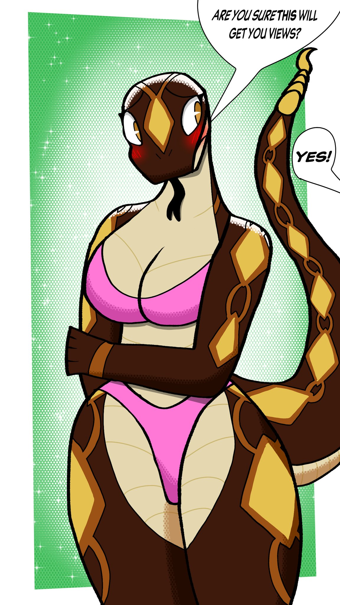 bikini blush dahlia_(parkerdude999999) embarrassed kkbros405 nervous rattlesnake snake tagme thick_thighs white_border wide_hips