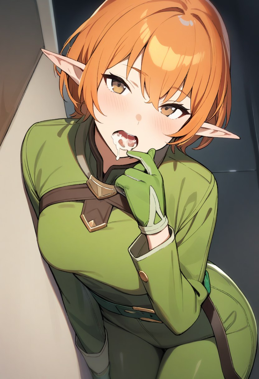 1girl ai_generated brown_eyes cum_in_mouth elf green_belt green_jumpsuit light_green_gloves long_sleeve looking_at_viewer medium_chest open_mouth orange_hair short_hair solo tight_clothes