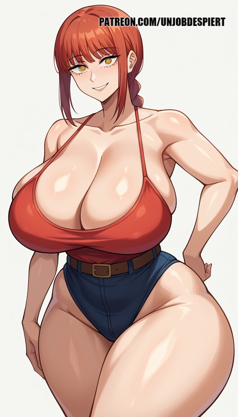 ai_generated alternate_breast_size bangs bare_shoulders belt braid braided_ponytail breasts brown_belt chainsaw_man cleavage collarbone curvy denim denim_shorts female hand_on_hip huge_breasts long_hair looking_at_viewer makima_(chainsaw_man) red_hair ringed_eyes self_upload short_shorts shorts sidelocks simple_background smile solo tank_top thick_thighs thighs unjobdespiert white_background wide_hips yellow_eyes