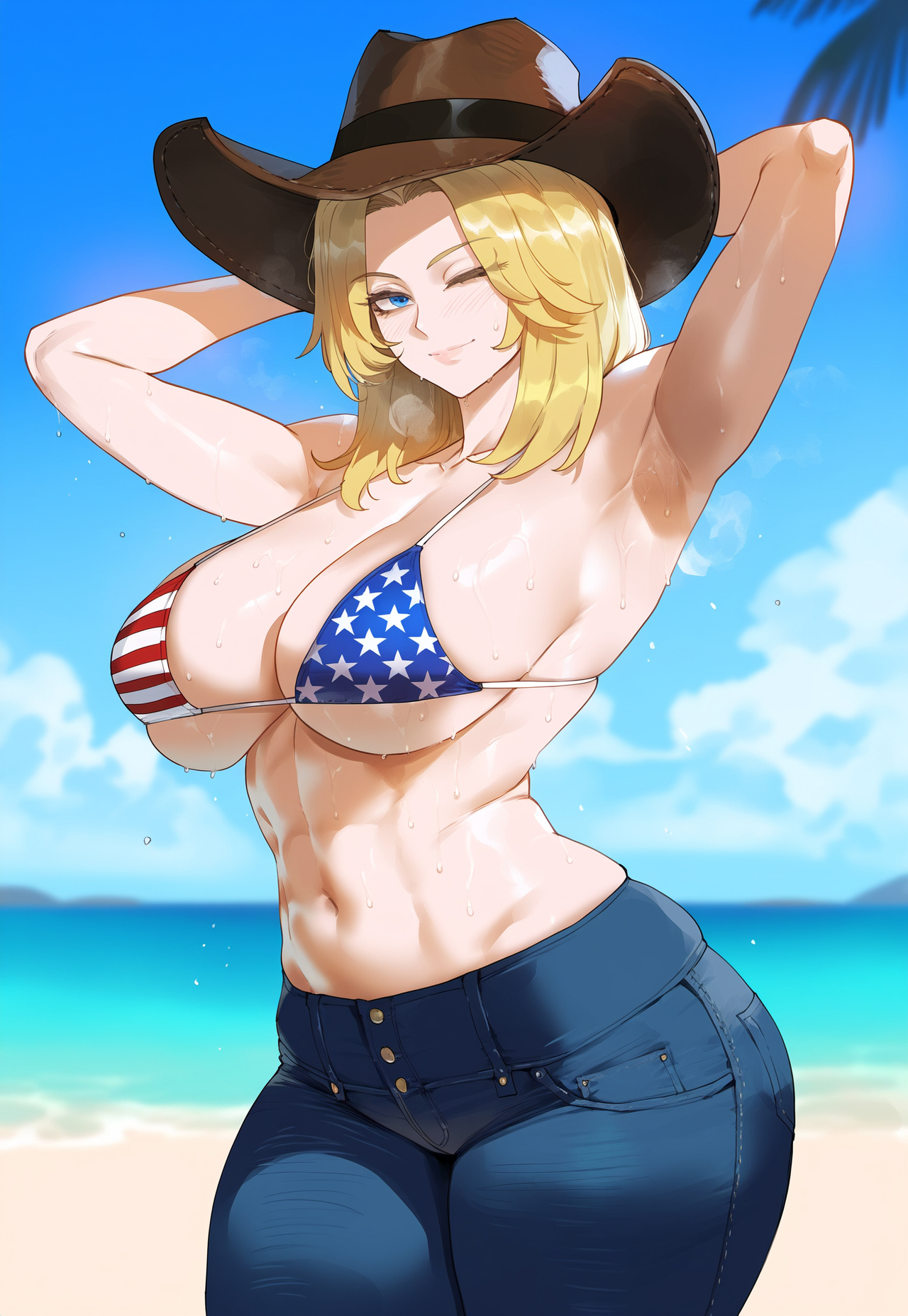 ai generated, arms behind head, ass, beach, blonde hair, breasts, cowboy hat, creamy ai, curvy, dead or alive, female, flag print, huge ass, huge breasts, jeans, muscular, smiling, tina armstrong