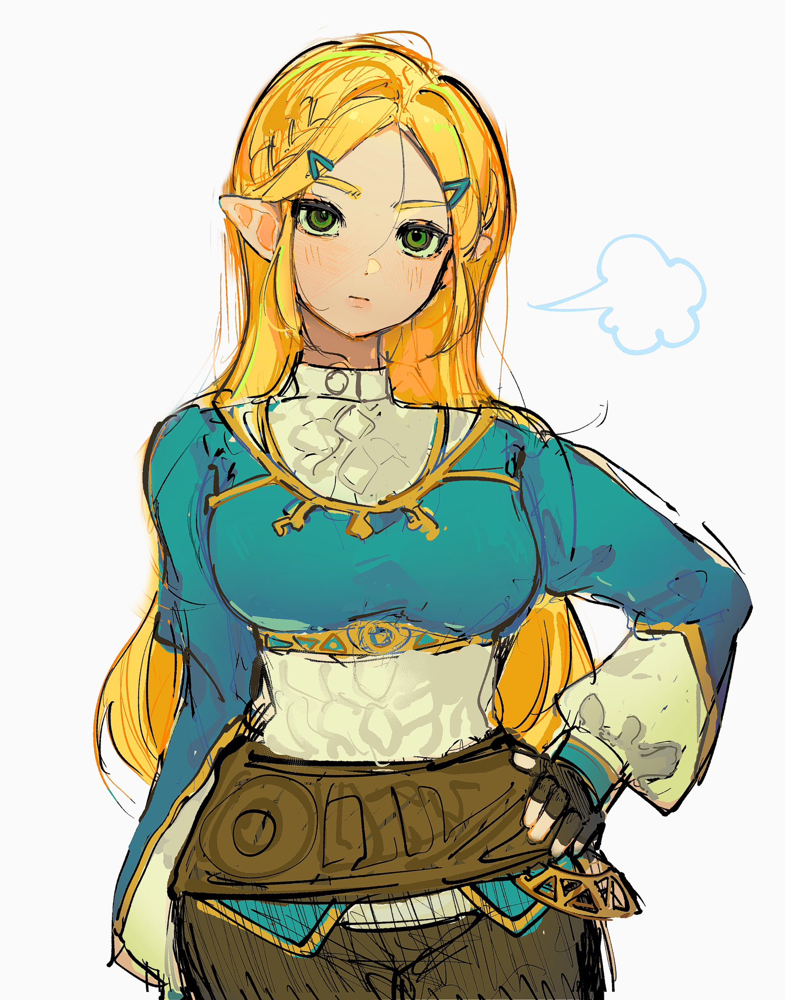 1girls, blonde hair, breath of the wild, female, fully clothed, green eyes, hand on hip, long hair, looking at viewer, not porn, princess zelda, safe, safe for work, sfw, shanodesu, the legend of zelda, white background, zelda (breath of the wild)